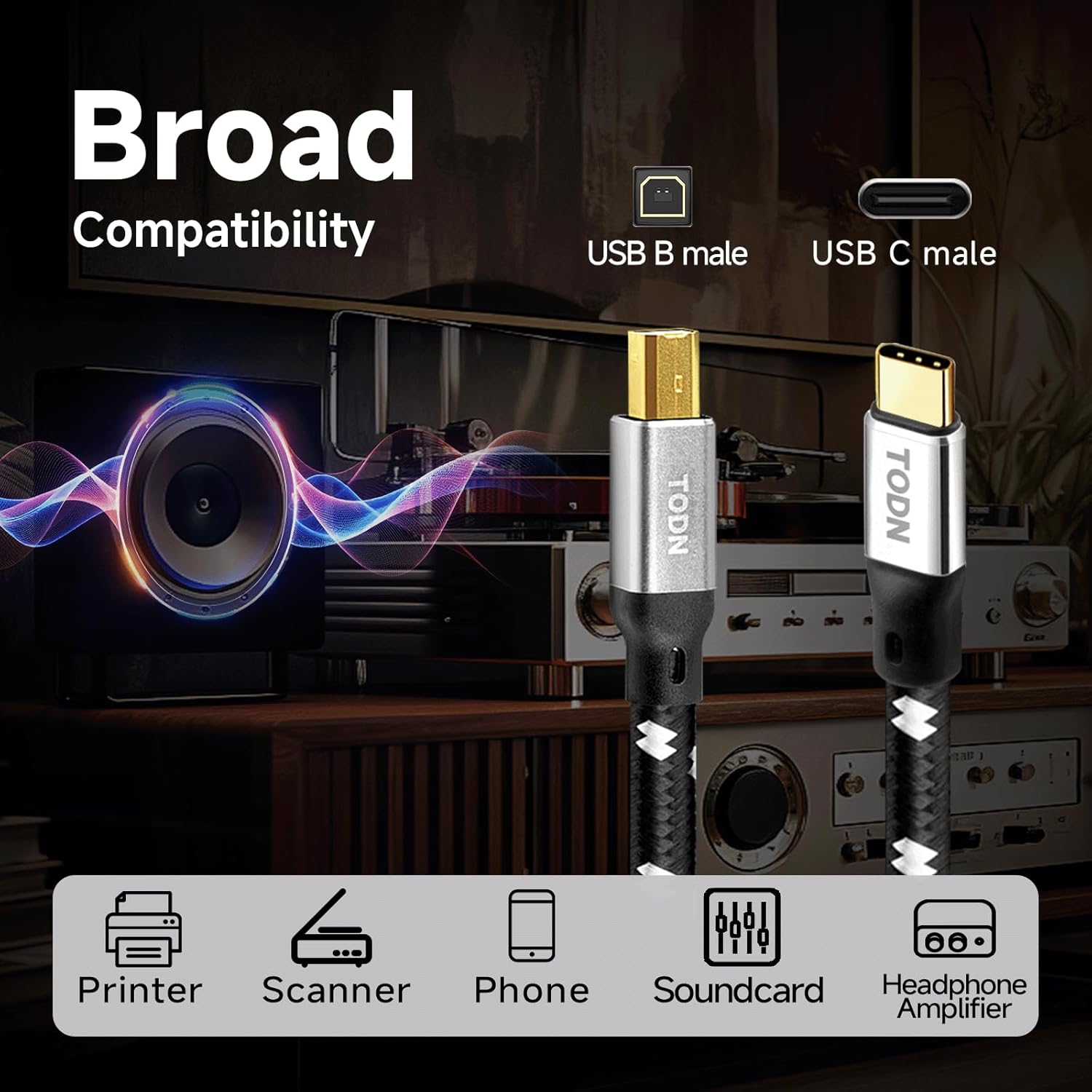 TODN HiFi USB 2.0 B to USB C for Audiophile with OFC Core, Printer Cable to USB C for Phone/Tablet/Laptop to DAC/Sound Card (6.5ft/2m)