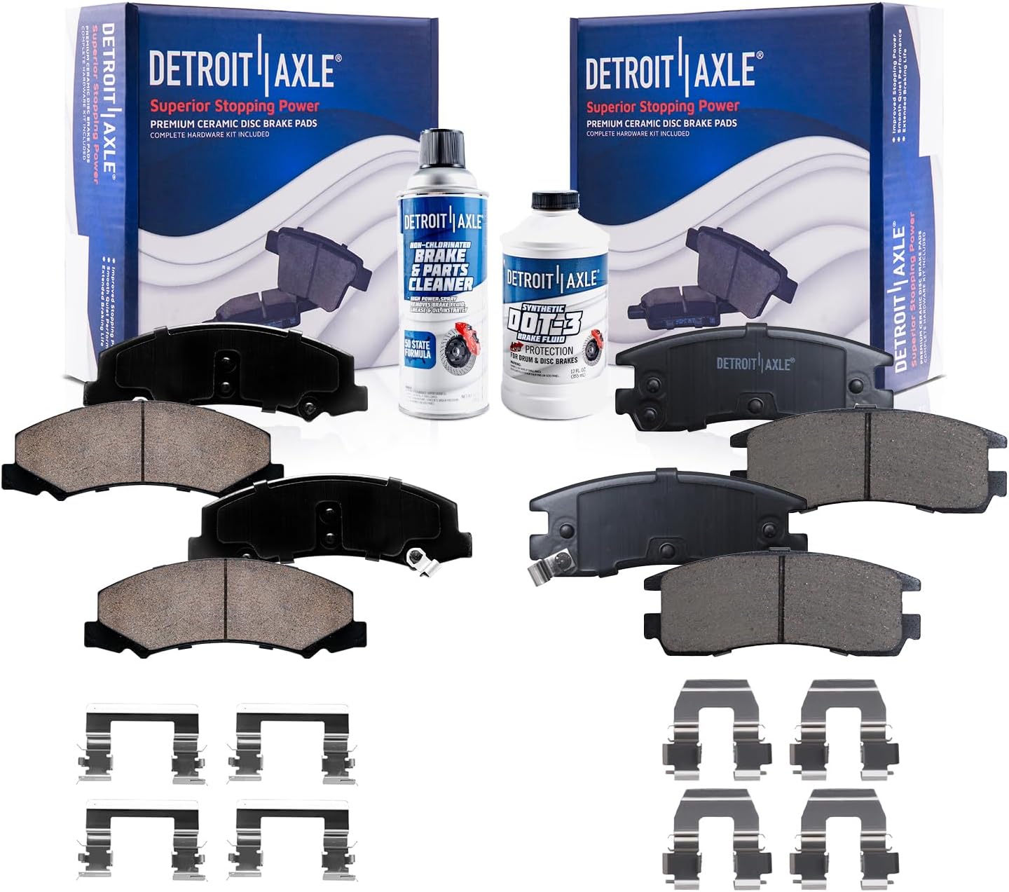 Detroit Axle Ceramic Brake Pads with Hardware for Chevy Impala / Monte Carlo / Buick LaCrosse (Front & Rear)