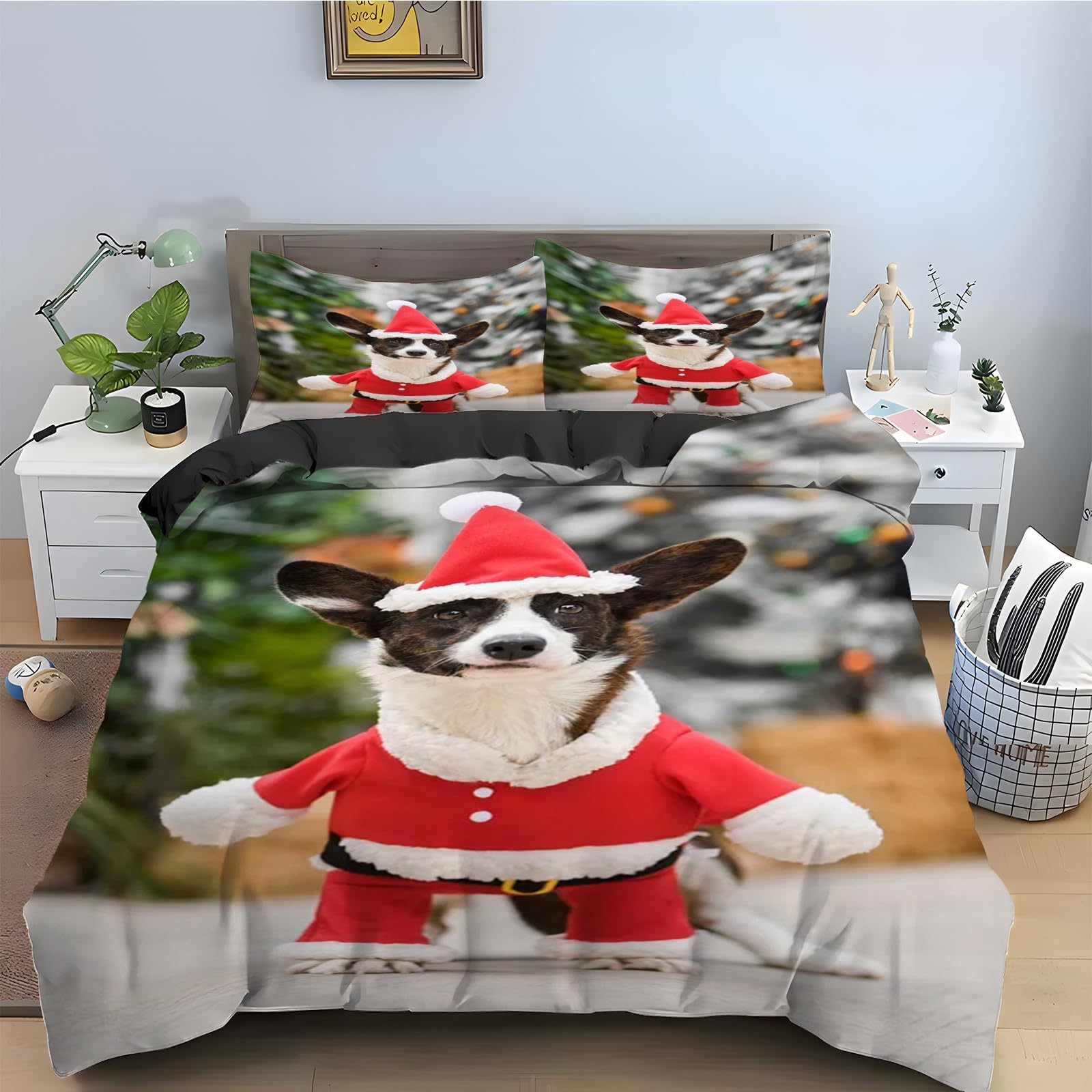 Parure de lit Corgi Noël housse de couette 160x200 3 pièces microfibre