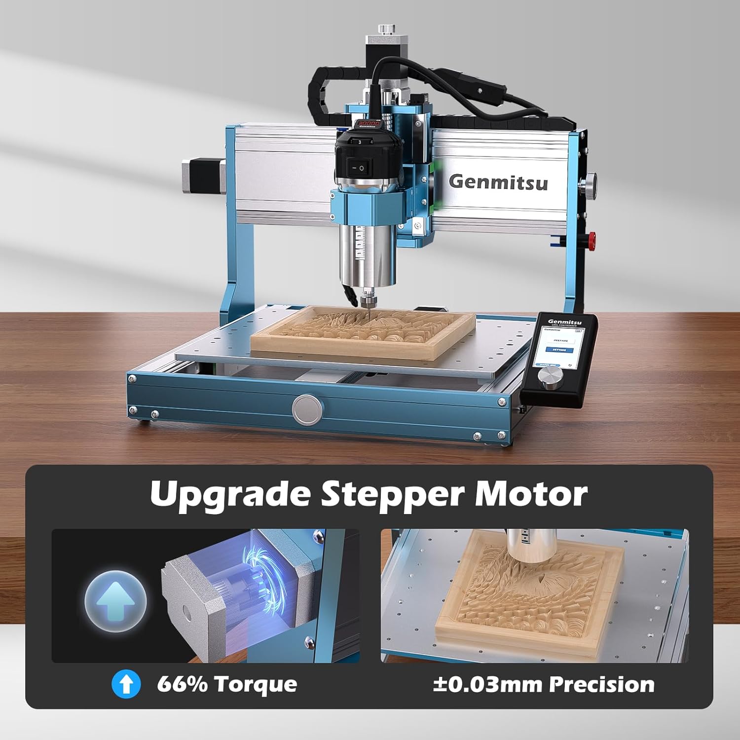 Genmitsu 3030-PROVer Ultra CNC Router showing upgraded stepper motor with 66% torque and ±0.03mm precision