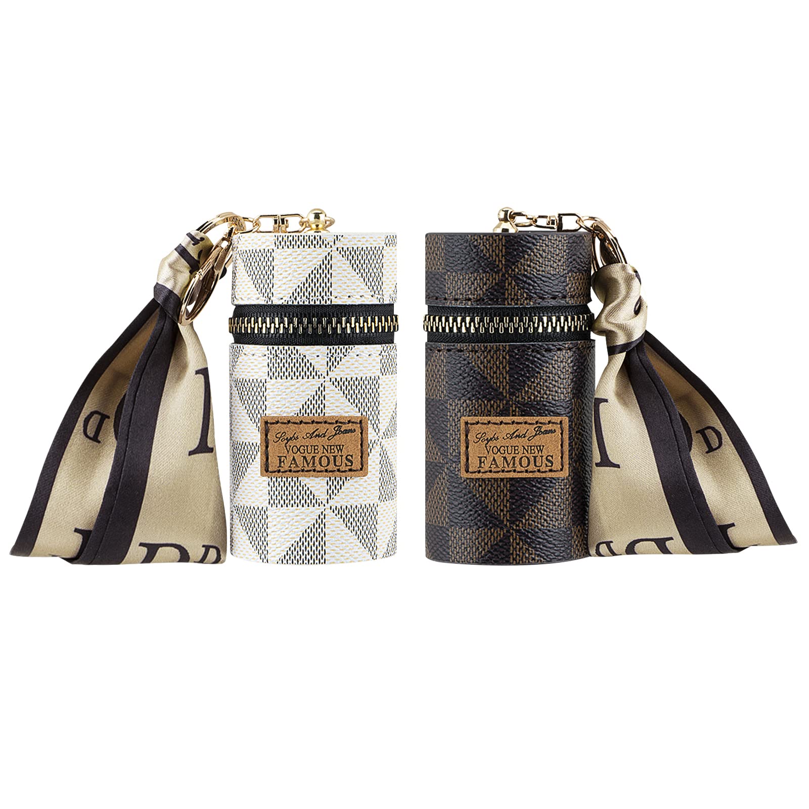 2 Pack Lipstick Case, Leather Lip Gloss Bag for Purse, Travel Lipstick Organizer with Keychain for Women (Brown, White)