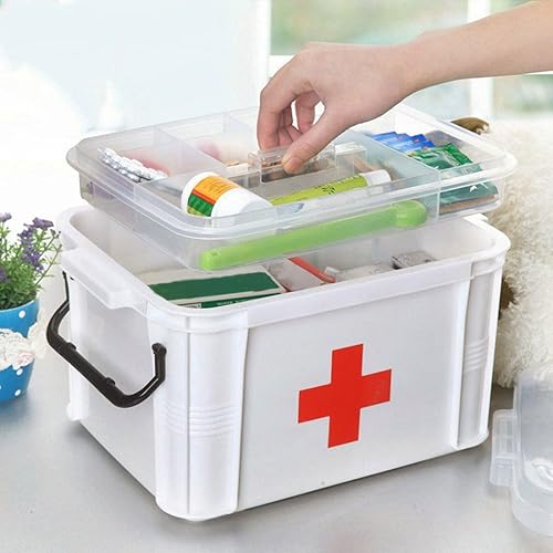 Vista 5 de Levoberg Caja de almacenamiento organizadora de 2 capas con compartimentos, kit de emergencia familiar, estuche de almacenamiento de 9.25 x 6.49 x
