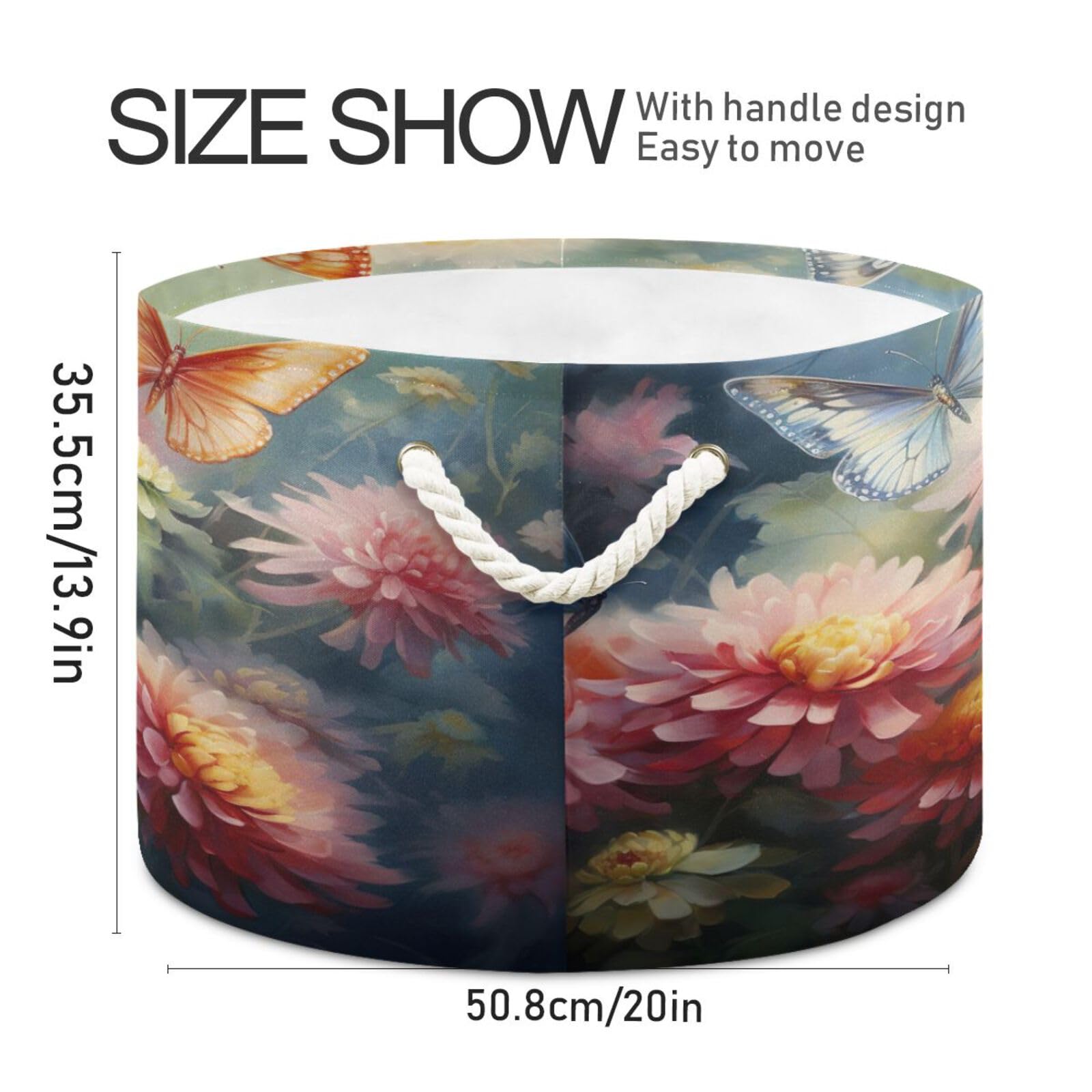 Round Butterfly Chrysanthemums Spring Storage Basket Large Organizer Bin Laundry Hamper Toy Storage Basket with Handle for Nursery Clothes Toys 202b3966