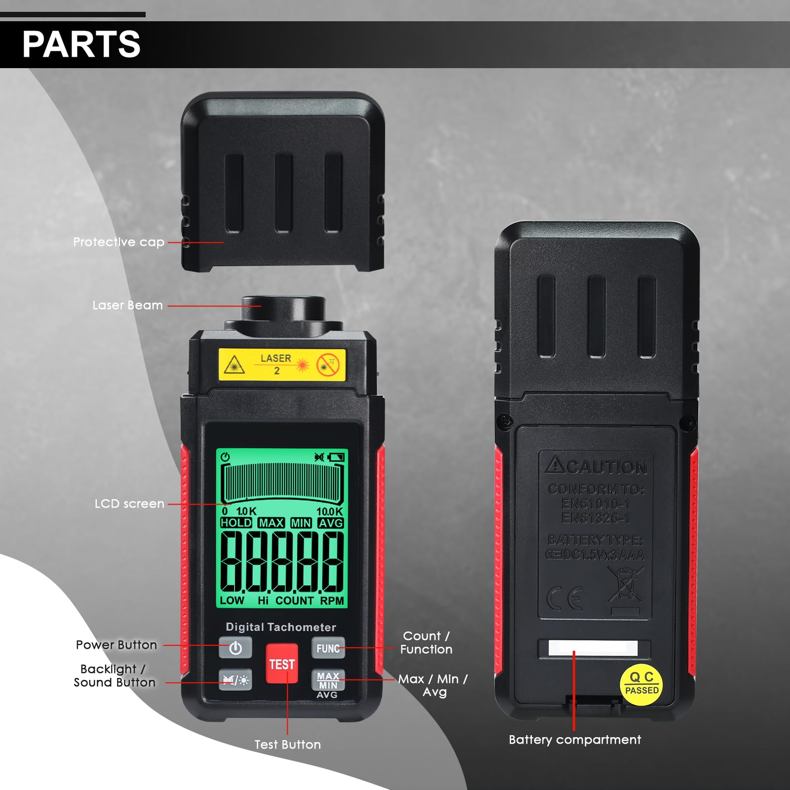 Tachymètre Laser Numérique 99 999 Tr/min Haute Précision Mesure sans Contact Fonctions MAX/MIN/MOY 2 Modes pour Automobile, Industrie et Bricolage