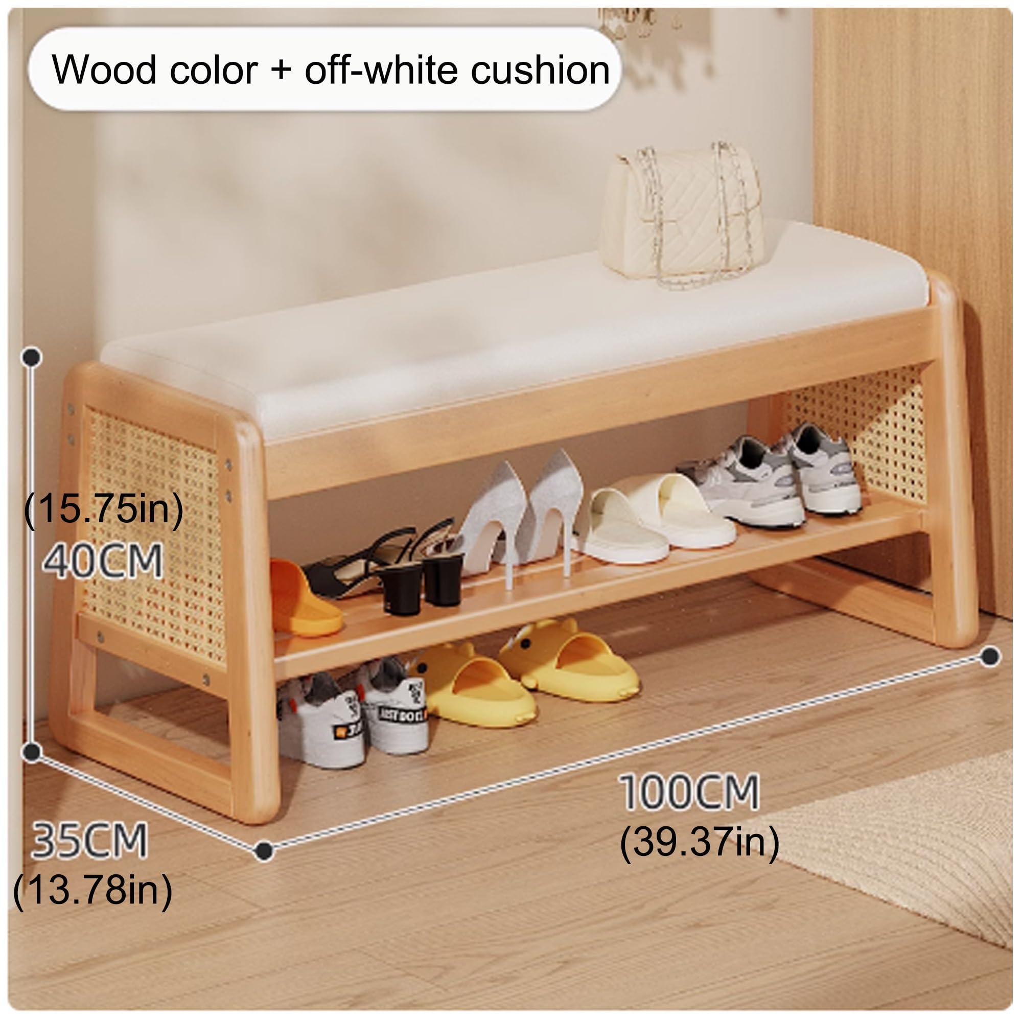 Banco Zapatero Entrada Recibidor con Asiento Banco Almacenaje Banqueta Dormitorio Banco Madera Banco Pie de Cama para Sala de Estar Pasillo(Off White,100cm/39.37in)