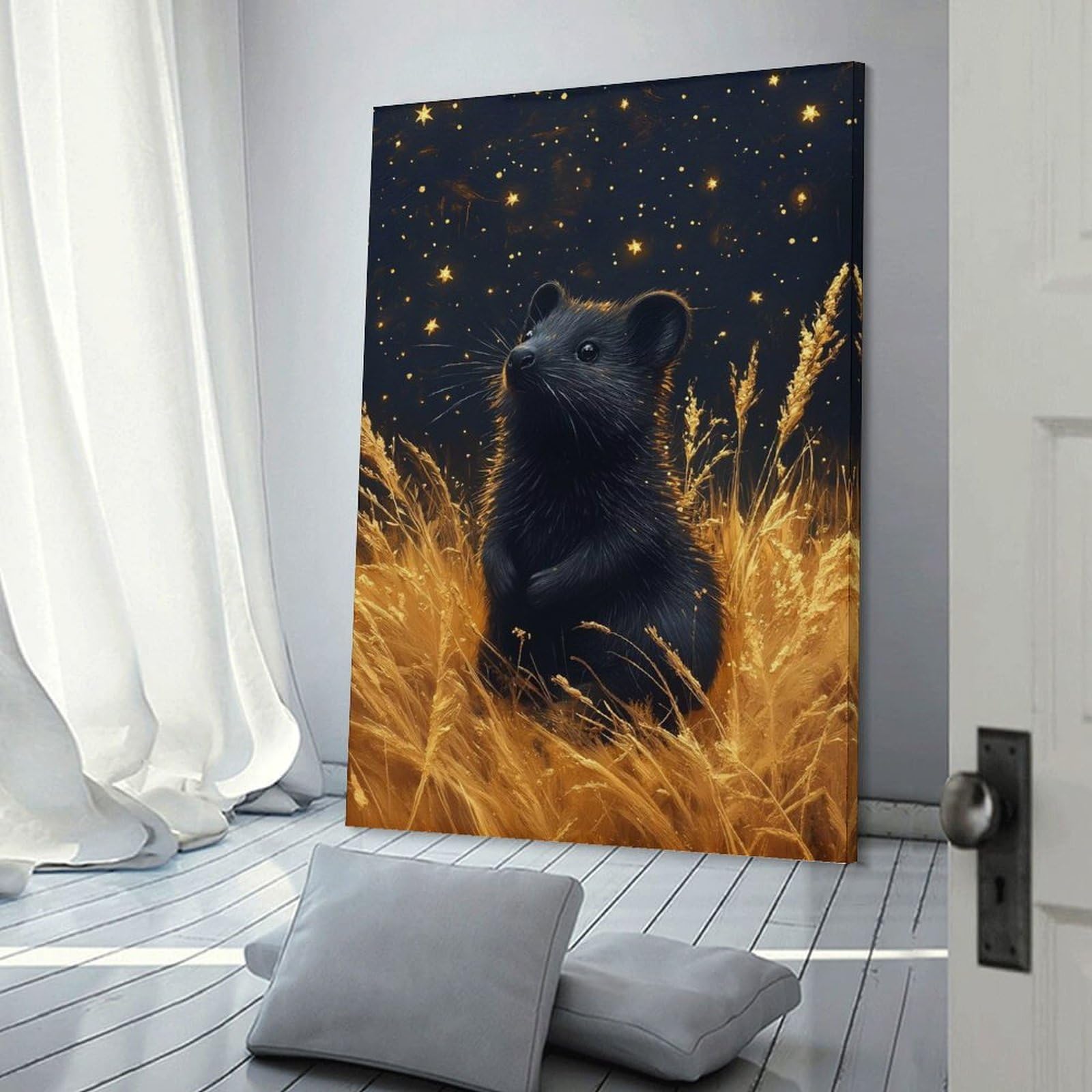 Junmoney Wall Decor Canvas Print Black Mouse in Golden Field, 24x36inch(60x90cm), for Bedroom, Lounge Or Dressing Area, Stylish Decor for A Restful Room Update