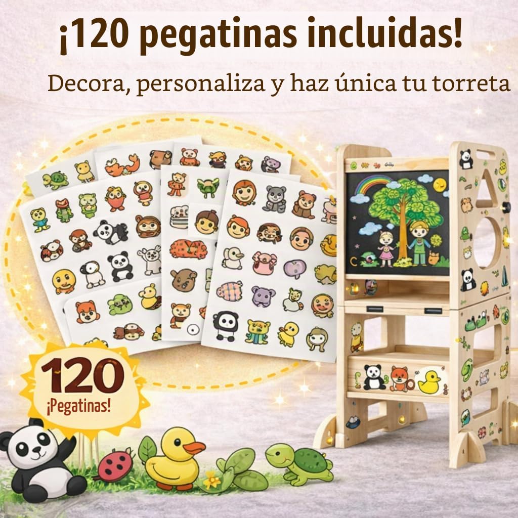Torre de Aprendizaje Plegable 3 en 1 de Madera - Escalera Montessori Estable, Pizarra y Mesa Infantil Desde 18 Meses para Estimular Autonomía y Creatividad (120 Adhesivos Incluidos)