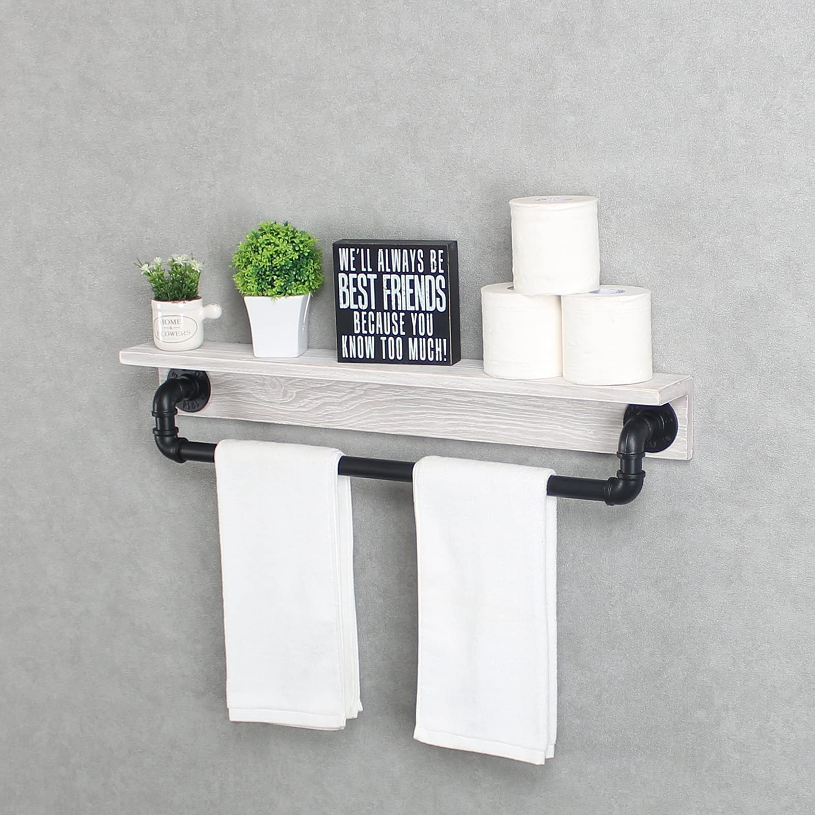 MBQQ Industrial Pipe Shelf,Rustic Wall Shelf with Towel Bar,30" Farmhouse Towel Racks for Bathroom,Floating Shelves Wall Mounted Home Decor Wooden Shelving,Black & White