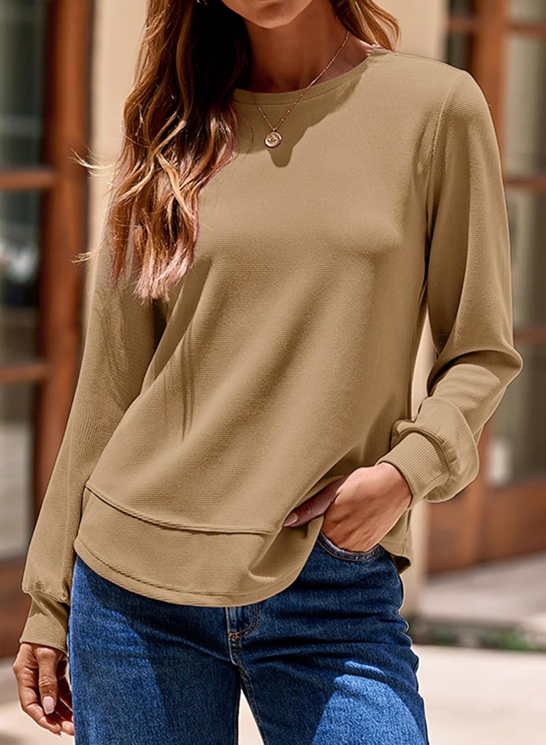 Dokotoo Women's Crew Neck Long Sleeve Shirts Waffle Knit Loose Tops Basic Tees 2026 Casual Comfy Fall Outfits Clothes - Image 2