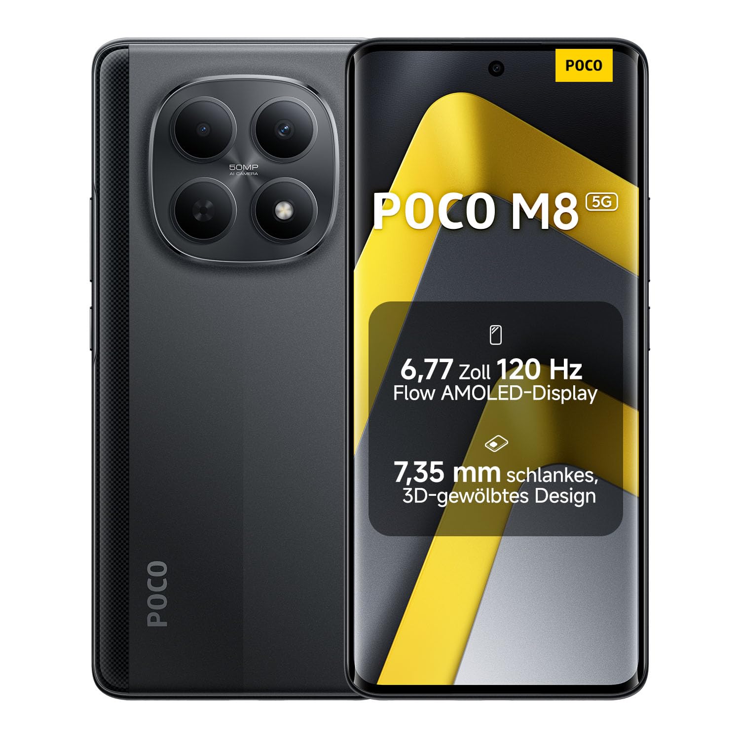 XIAOMI Poco M8 5G Smartphone, 8 GB RAM + 256 GB Speicher, 6,77" 120 Hz Flow AMOLED Display, Snapdragon® 6 Gen 3, 50 MP KI-Dual-Kamera, 7,35 mm schlankes 3D-Curved Design, Schwarz, 2 Jahre Garantie