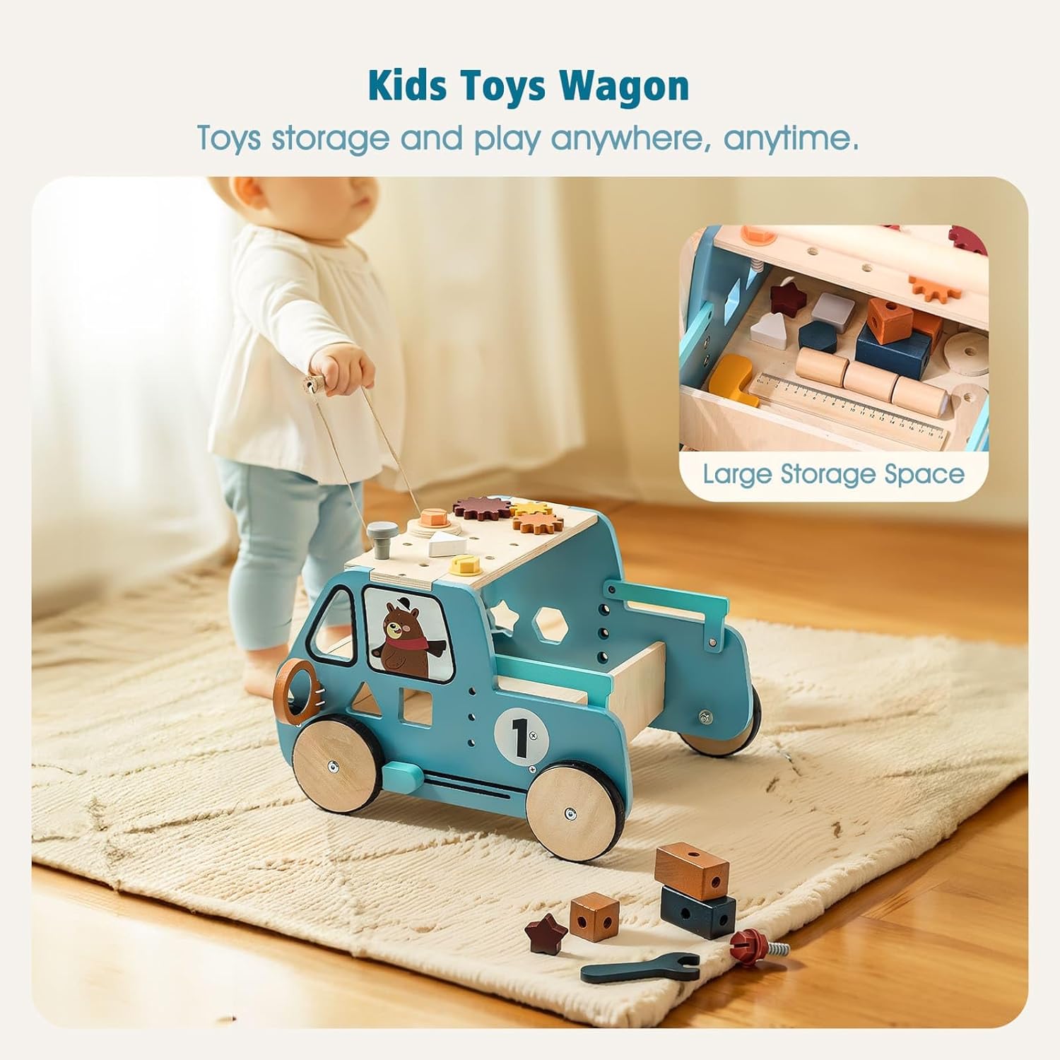 Wooden Baby Walker Adjustable Height with Tool Bench and Toy Storage Wagon - Multifunctional Toddler Push Walker Ergonomically Designed for Natural Walking - 3+ Years of Continuous Use