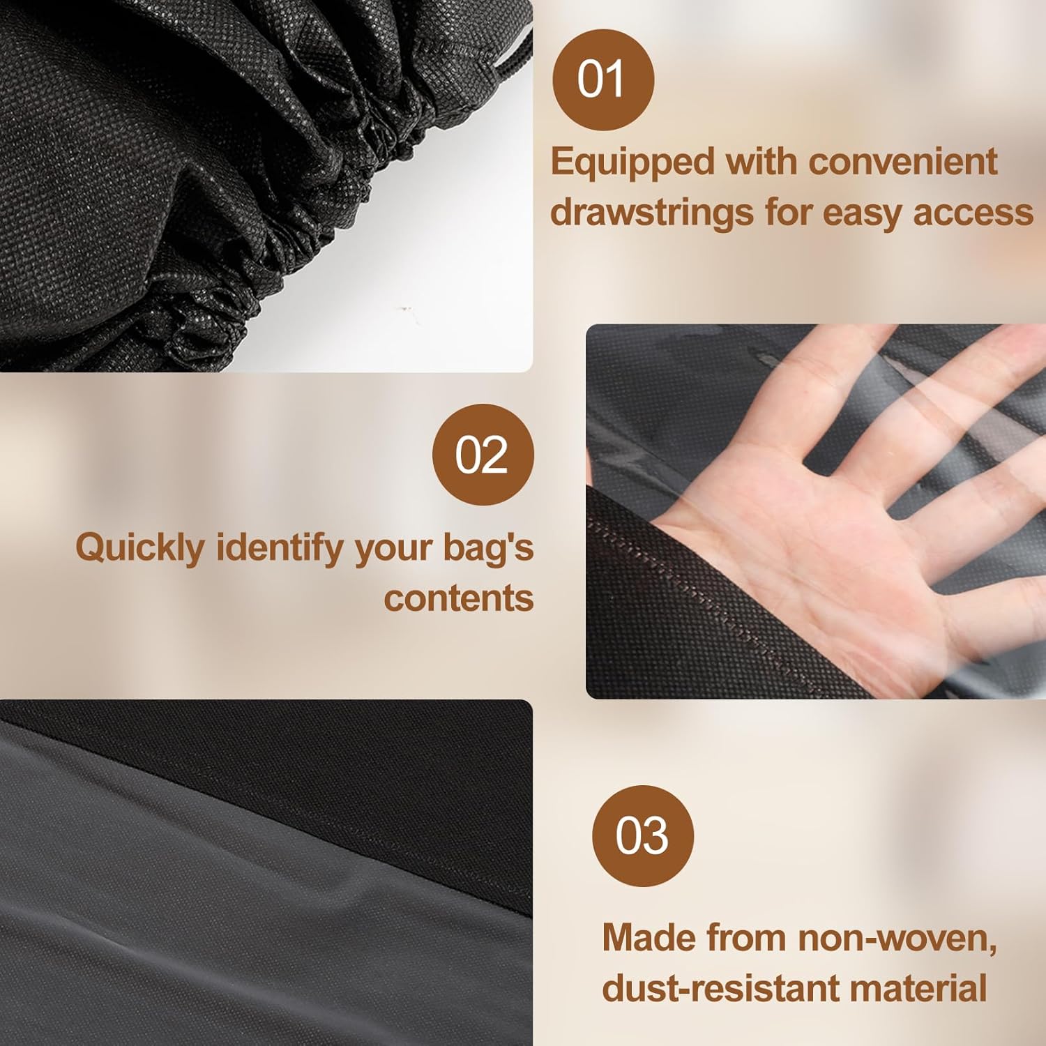 20 PCS Dustproof Drawstring Bags, Breathable Non-Woven Drawstring Dust Covers, Purses Organizers Storage Bags with Clear Window, Dust Bag for Handbags Shoes Purses Covers, Black