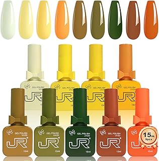 JR 9 Pcs 0.5oz Orange Fall Gel Polish Set Bright Shades for Beach Vacations & Pool Parties, Quick Dry, Fade-Proof Halloween Color Soak Off Fall Gel Polish Home DIY Gift Yellow Series