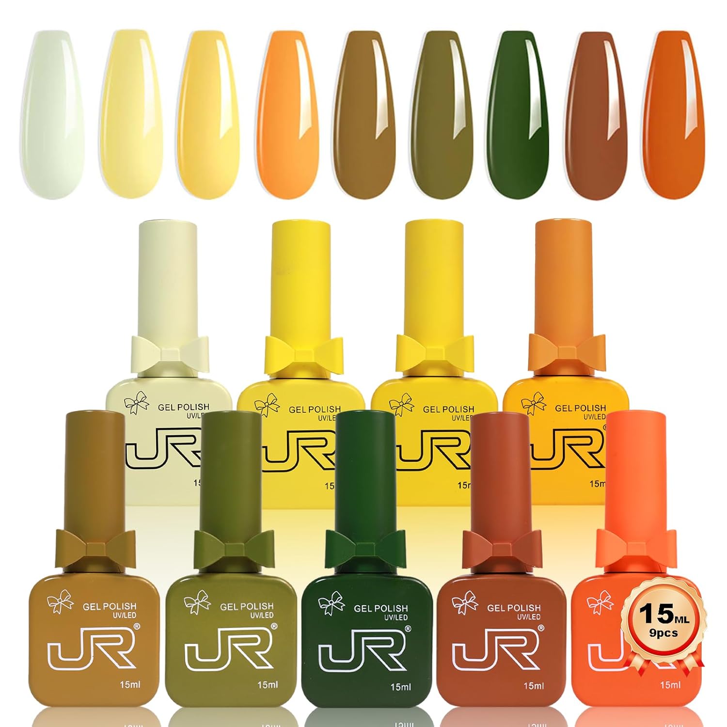 JR 9 Pcs 0.5oz Orange Fall Gel Polish Set Bright Shades for Beach Vacations & Pool Parties, Quick Dry, Fade-Proof Halloween Color Soak Off Fall Gel Polish Home DIY Gift Yellow Series