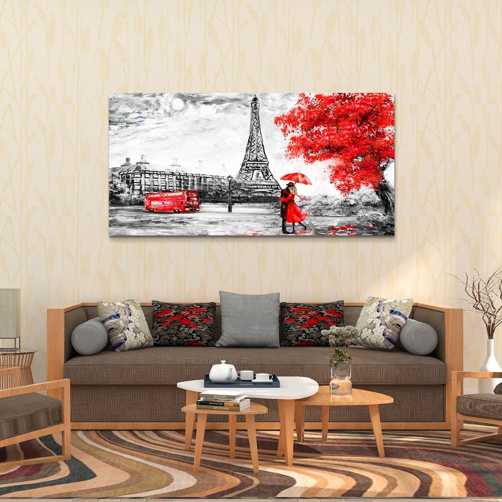 Wapluam Black And White Wall Art For Living Room Large Modern Wall Decor Bedroom Office Decoration Eiffel Tower Panorama Of Buildings And Couples Prints Artwork Stretched And Framed Ready To Hang