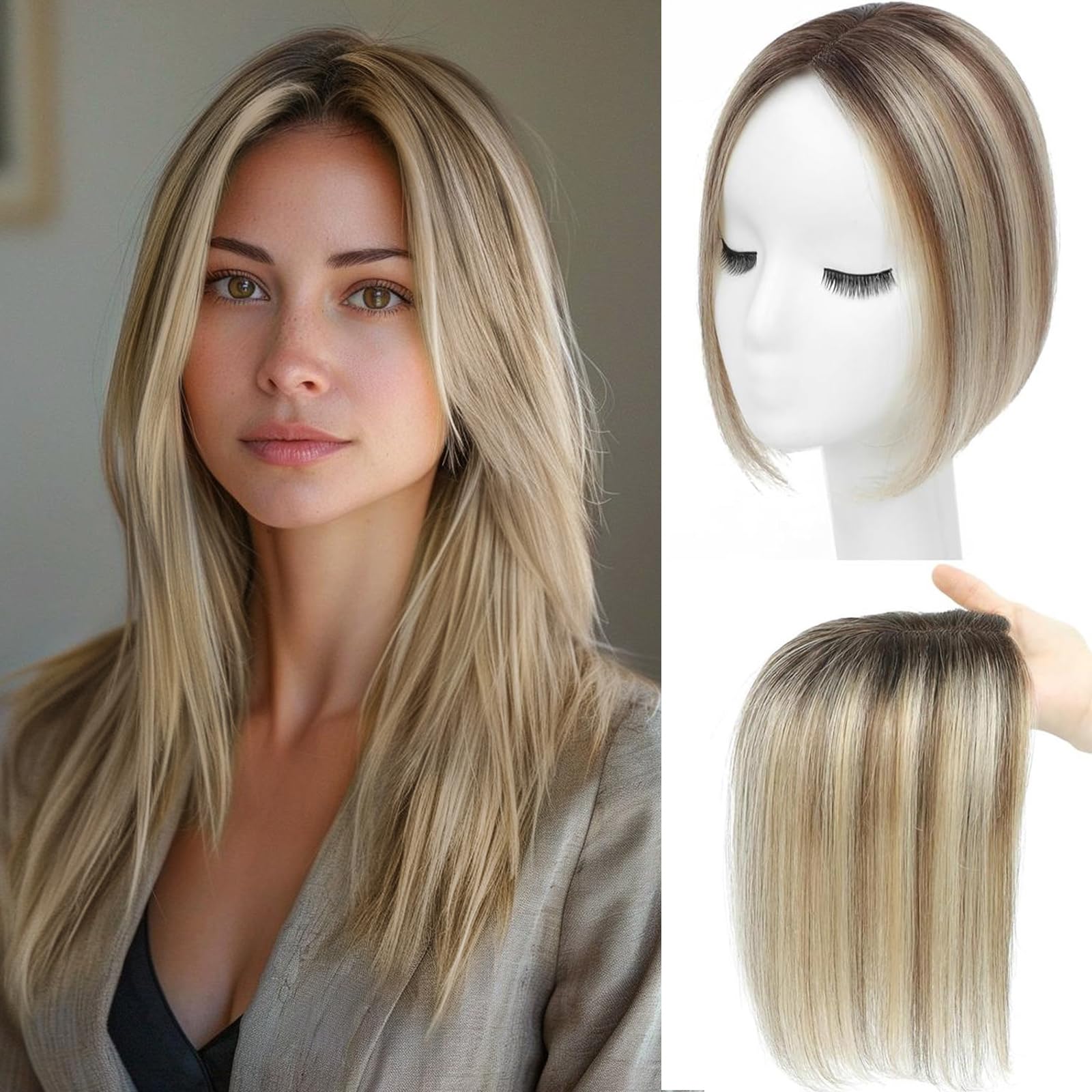 SEA SINGING Real Human Hair Toppers for Women with Thinning Hair, Remy Toppers, 100% Human Hair, Clip On, 10inch, Straight, Natural, Long