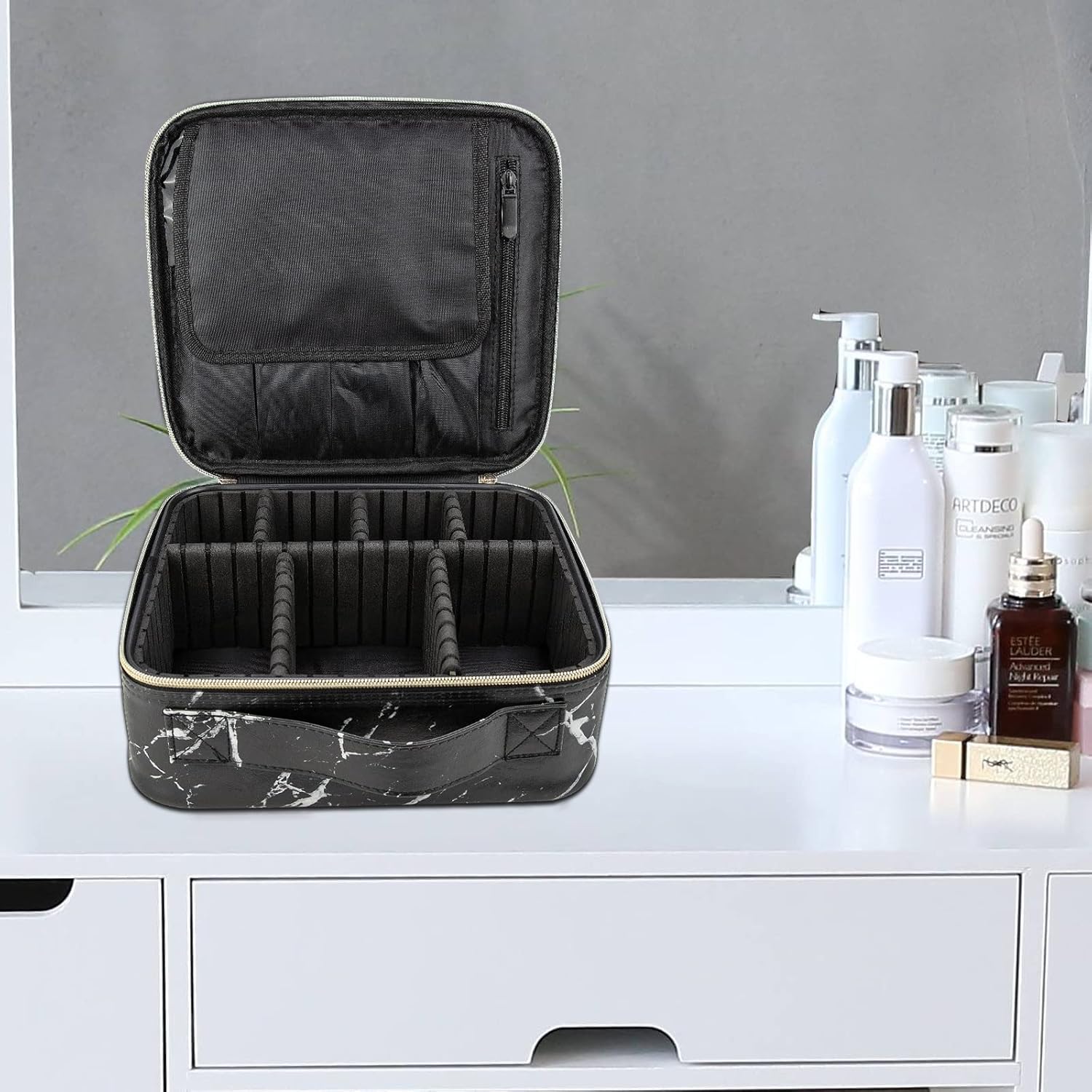 Makeup Cosmetic bag,Black Marble Cosmetic Case Organizers,Travel Makeup Train Case, Waterproof and Adjustable Dividers for Cosmetics,Makeup Brushes(9.8x8.86x3.7 inches)