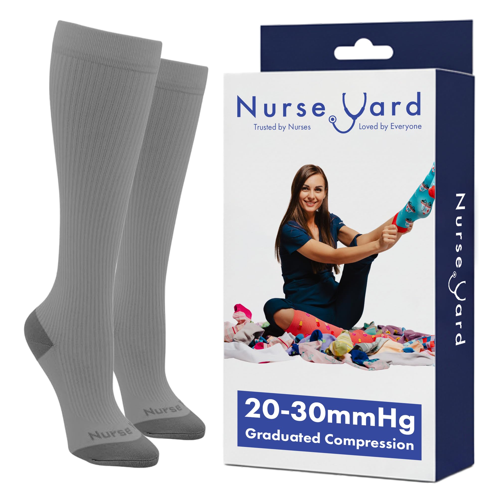 Nurse Yard Compression Socks for Nurses - Women & Men - 20-30mmHg Graduated Compression, For Medical Staff, Athletes - 1 Pair, Solid Grey, S-M