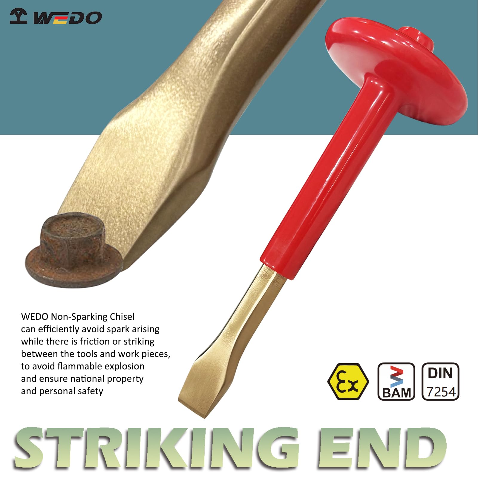 WEDO Scalpello piatto non scintillante, esagonale a 10 punti, scalpello per cemento, scalpello per mattoni, scalpello per muratura con protezione per le mani di spessore, bronzo in alluminio,