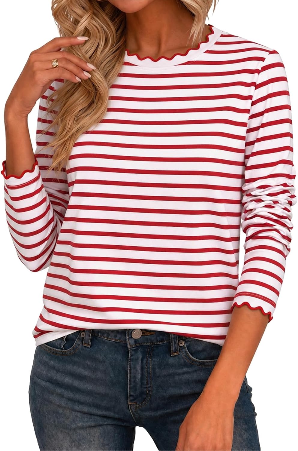 Tankaneo Womens Long Sleeve Striped Shirts Casual Cotton Scalloped Tops image 4