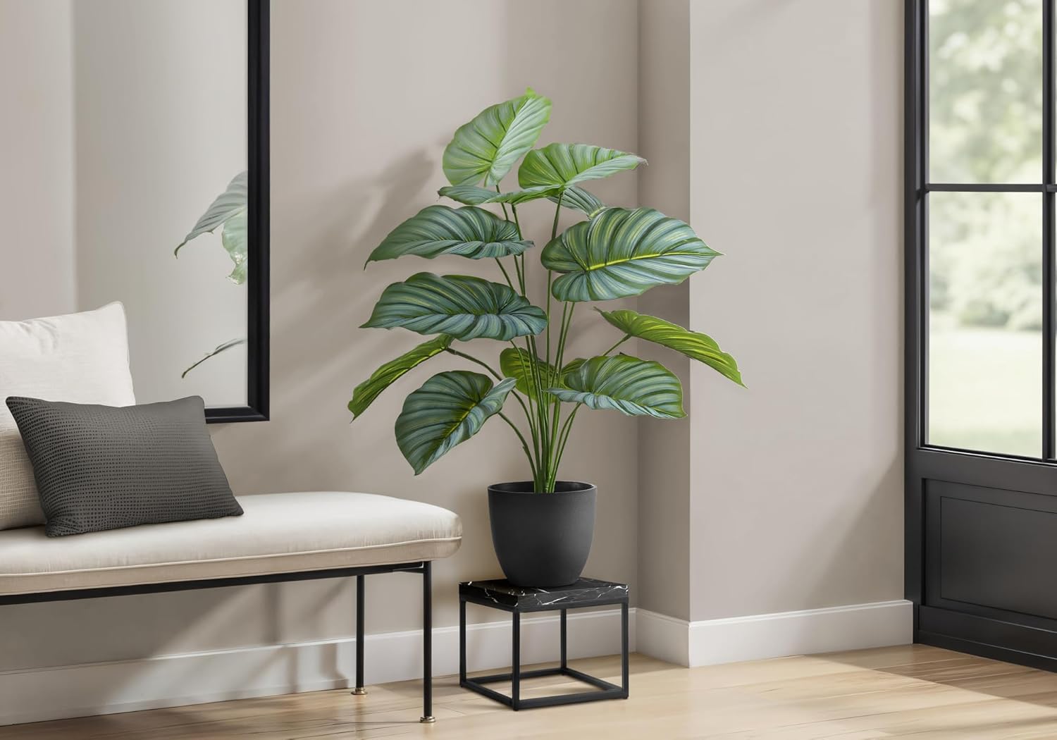 Monarch Specialties I 9577 Artificial Plant, 24" Tall, Calathea, Indoor, Faux, Fake, Table, Greenery, Potted, Real Touch, Decorative, Green Leaves, Black Pot