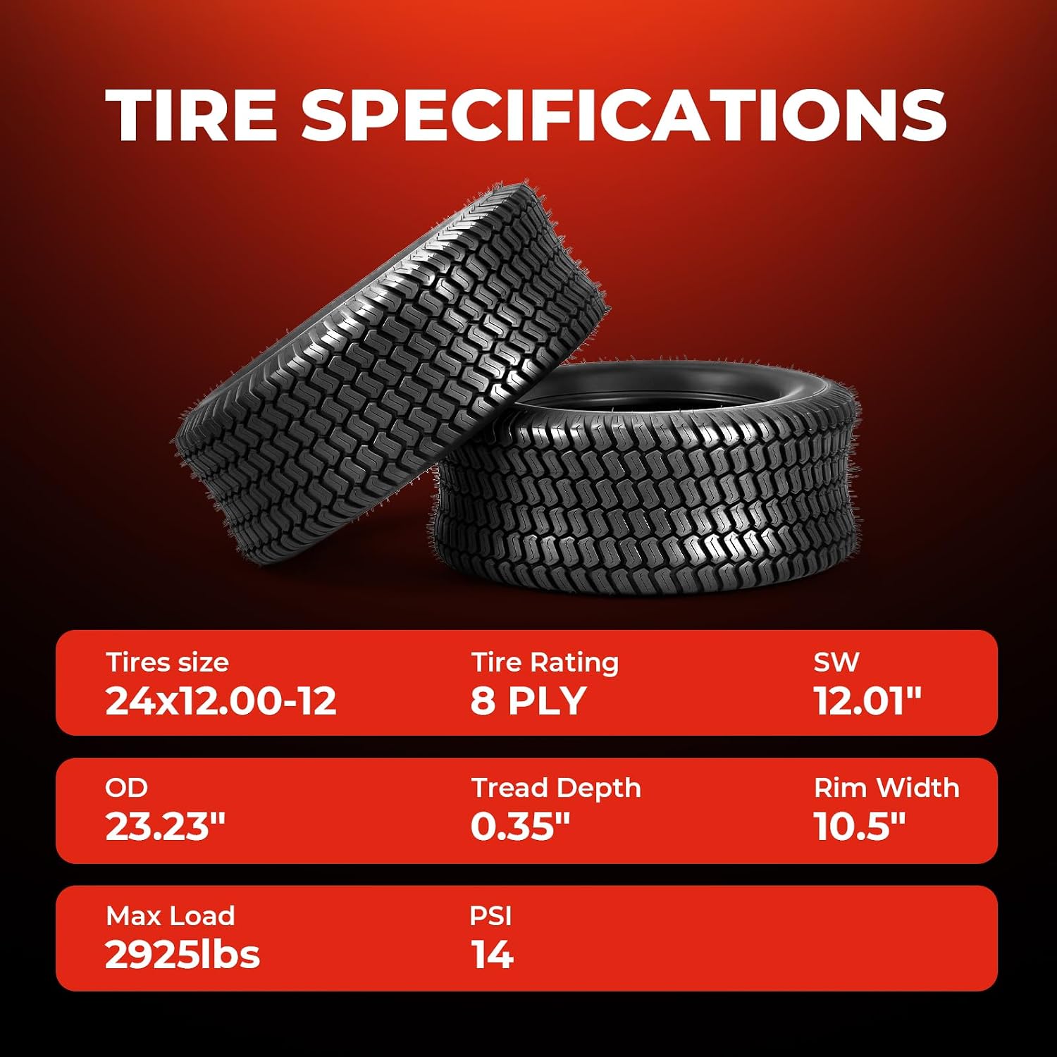 24x12.00-12 Lawn Mower Tires, 24x12x12 Heavy Duty Turf Saver Tires for Lawnmower Garden Tractor Golf Cart, 8PR Tubeless, Set of 2