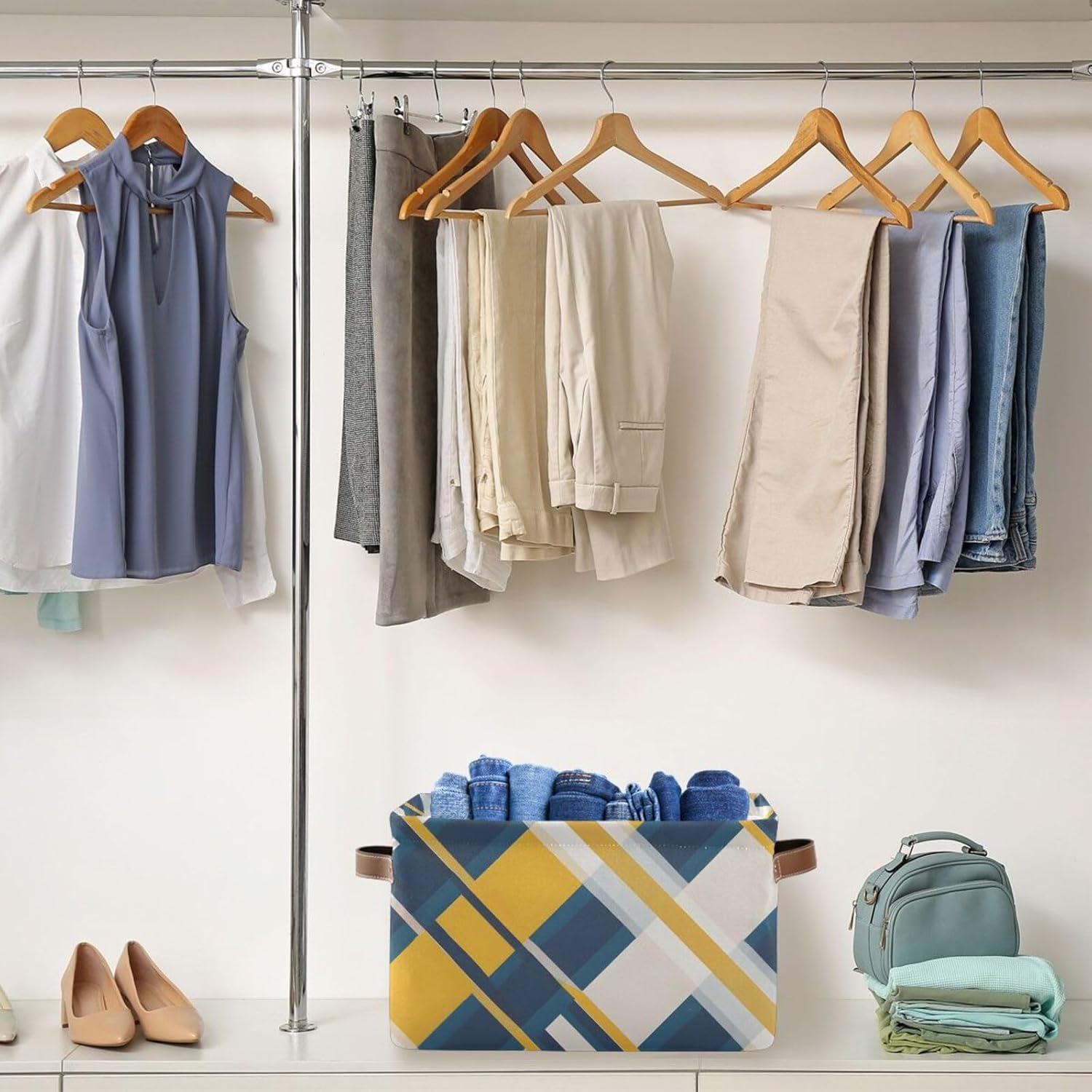 Foldable Storage Basket with Handles Simple Checkered Blue Yellow Fabric Kitchen Baskets Open Home Storage Bins Boxes Organizer Bag for Baby Cloth Pet Toy Book Shelf Closet Baskets 14.2” x 10.2” x 8.3