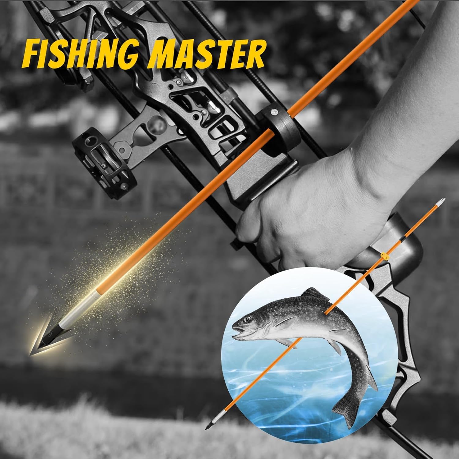 Kit Completo de Pesca con Arco con Flechas y reposaflechas – Cuerda de 40 m | 6 flechas macizas de fibra de vidrio, montaje sencillo, compatible con arcos compuestos y arcos recurvos para pesca con arco