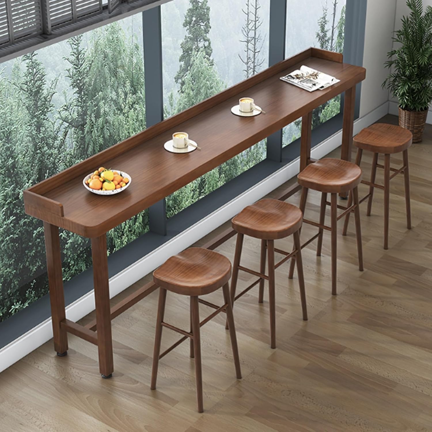 Live Edge Rectangle Kitchen Table – Industrial Counter Height Dining Table with Fence, Pine Top & Solid Wood Base, Narrow Pub Patio Bar Table for Kitchen & Patio, No Stools Includ