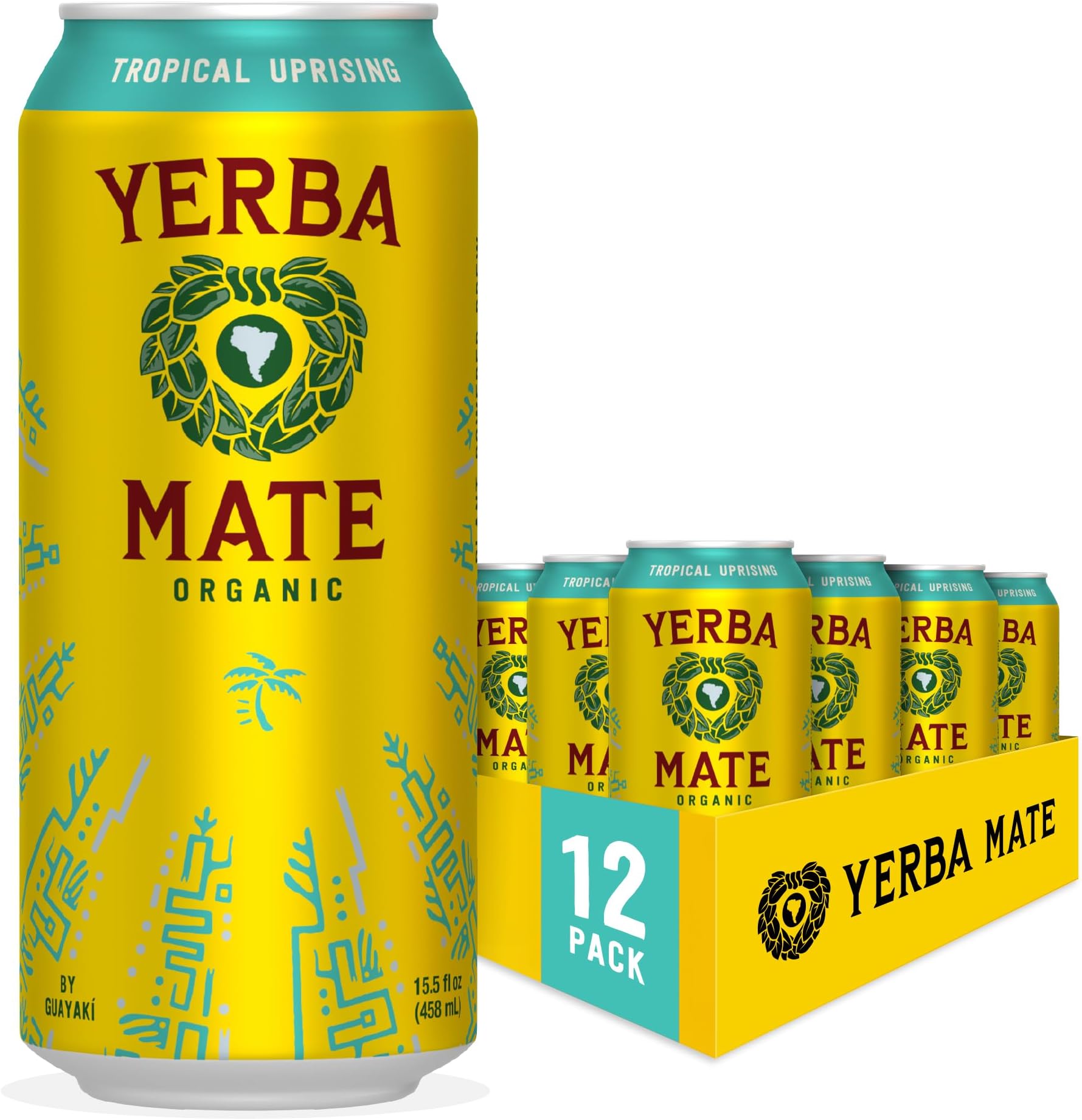 Yerba Madre Organic Yerba Mate, Energy Drink Alternative, Tropical Uprising, 150mg Natural Plant Based Caffeine, Smooth Energy & Focus, No Jitters or Crash, 15.5 Oz (Pack of 12) (Packaging May Vary)