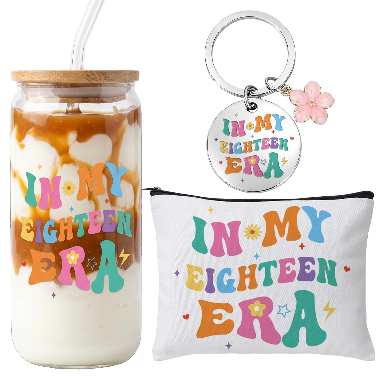saerryor 18th Birthday Gifts for Girls,in My Eighteen Era 16 oz Glass Drinking Cup with Lid and Straw,Makeup Bag and Keychain,18 Year Old Gifts for Daughter,Niece,Granddaughter, Friends,Students