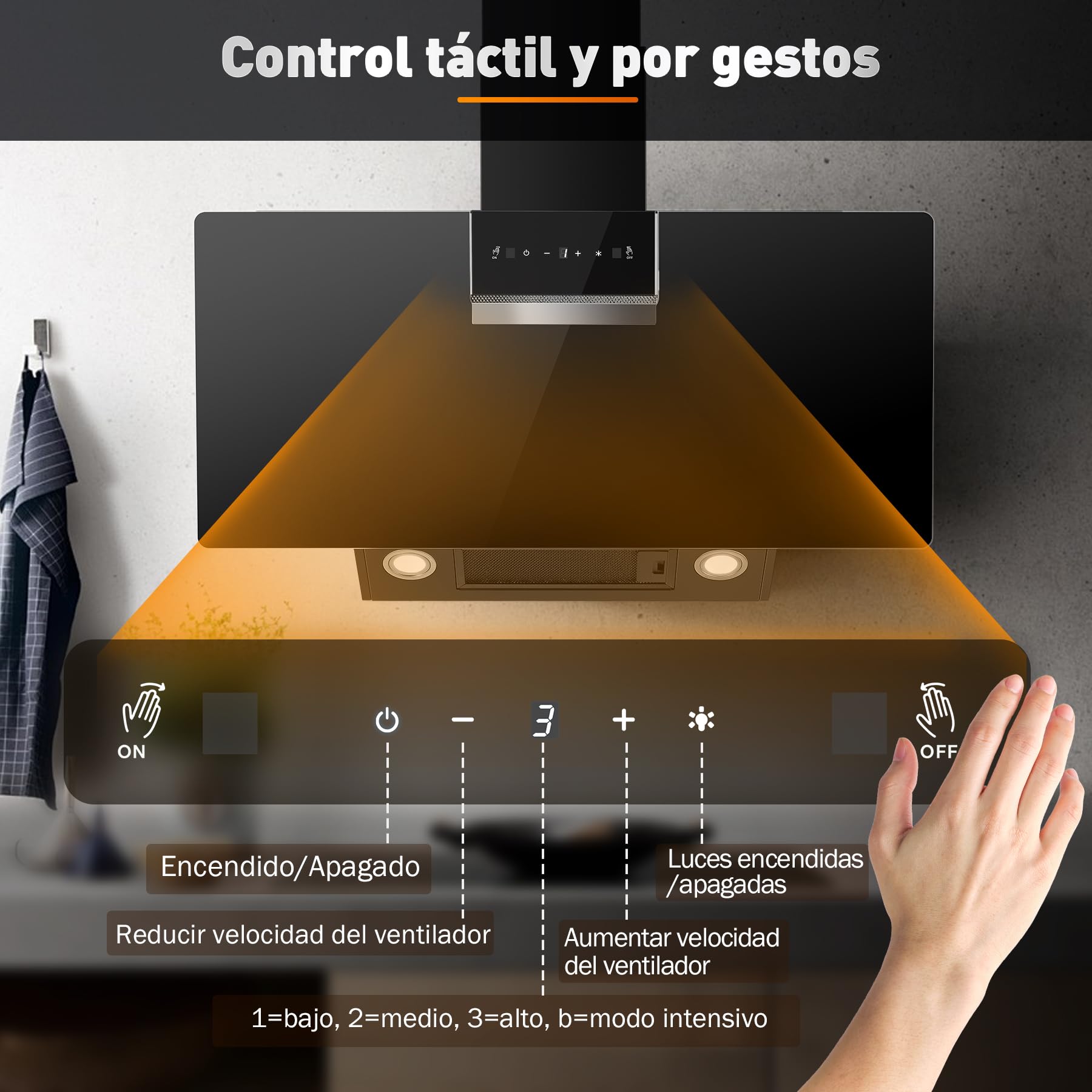 SNDOAS Campana Extractora 90 cm, 800 m³/h, Clase Energética A+++, 3 Velocidades + Modo Turbo, Panel Táctil, Gesture Control, Filtro de Carbono Activado, Recirculación/Extracción, Negro