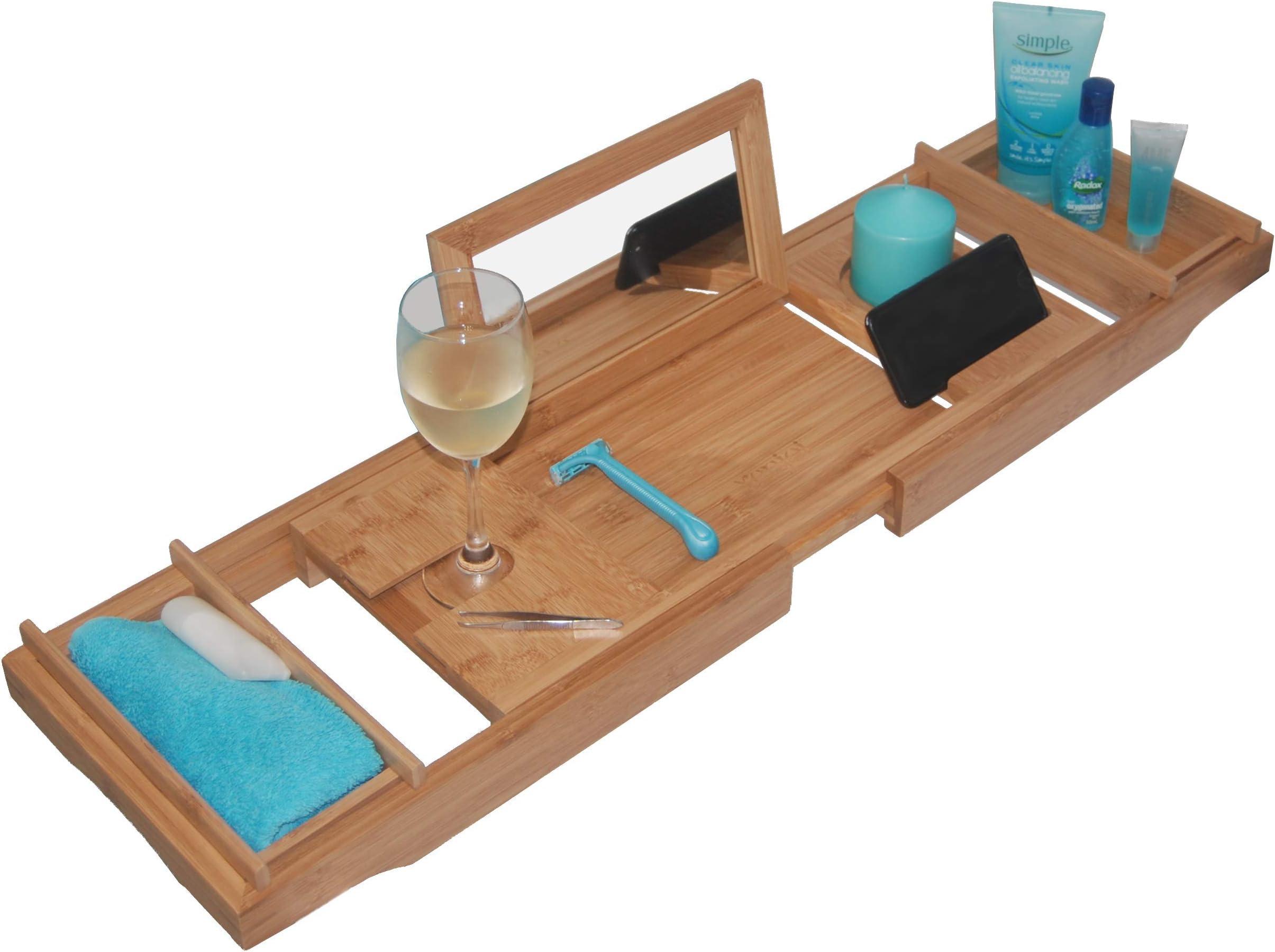 - THIS ONE HAS A MIRROR - Our Luxury Bamboo Bathtub Tray / Bathtub Caddy with MIRROR also comes with Extending Non Slip Sides, Wine Glass Holder, 2 Removable Storage Shelves & Much More