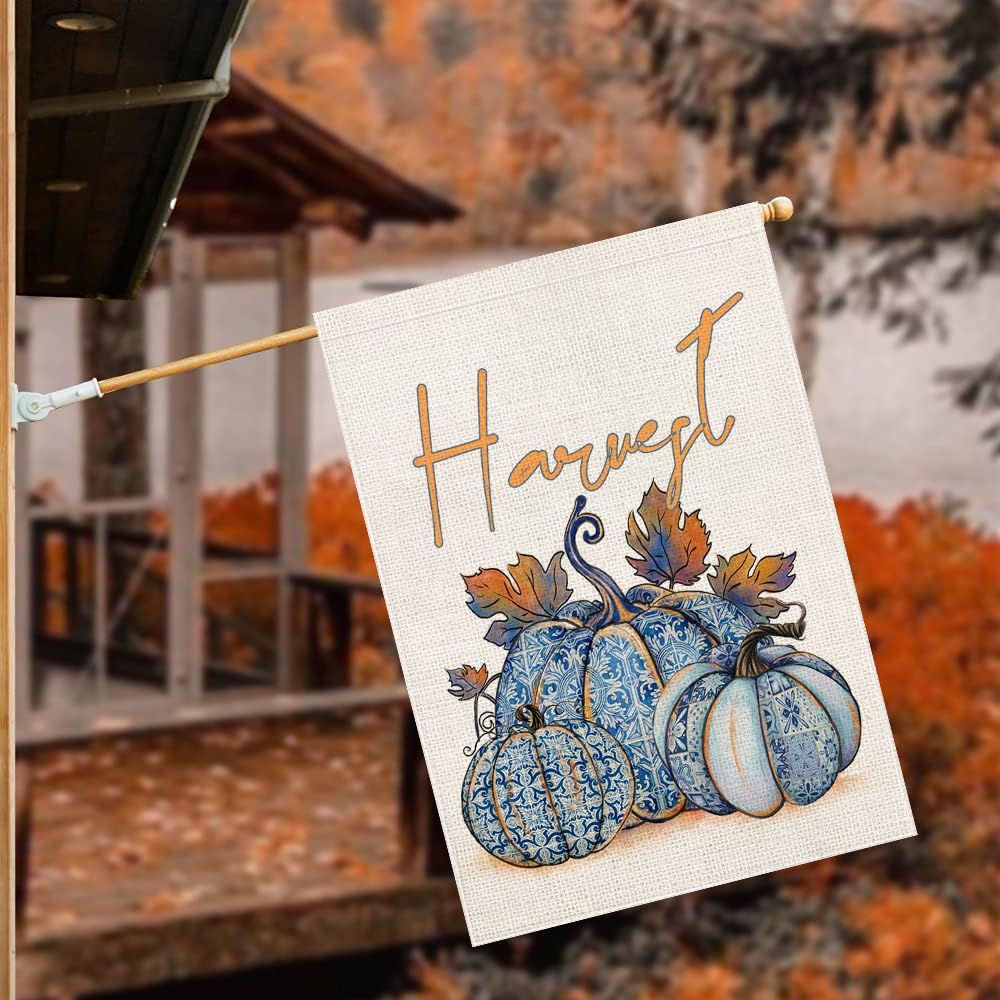Fukeen Pumpkin Fall Decorative House Flag Blue Pumpkin and Maple Leaves Autumn Harvest Outside Decorations Farmhouse Thanksgiving Yard Outdoor Decoration 28x40 Inch Double Sided - Image 2