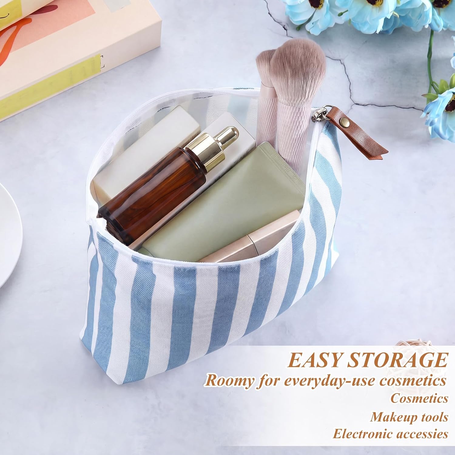 Hillban 24 Pcs Blue Striped Makeup Bags Bulk Canvas Cosmetic Bag Beach Themed Gifts Travel Toiletry Organizer Zipper Pouch Bags for Women Bridemaids Party Favors