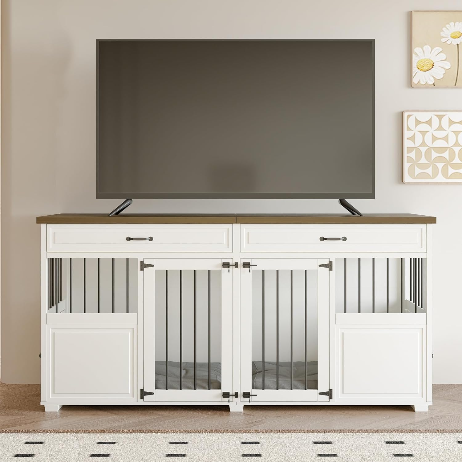 Dog Crate Furniture Indoor Wood Dog Kennel Cages with 4 Doors, Room Divider and 2 Drawers, 72"X24"X35"H