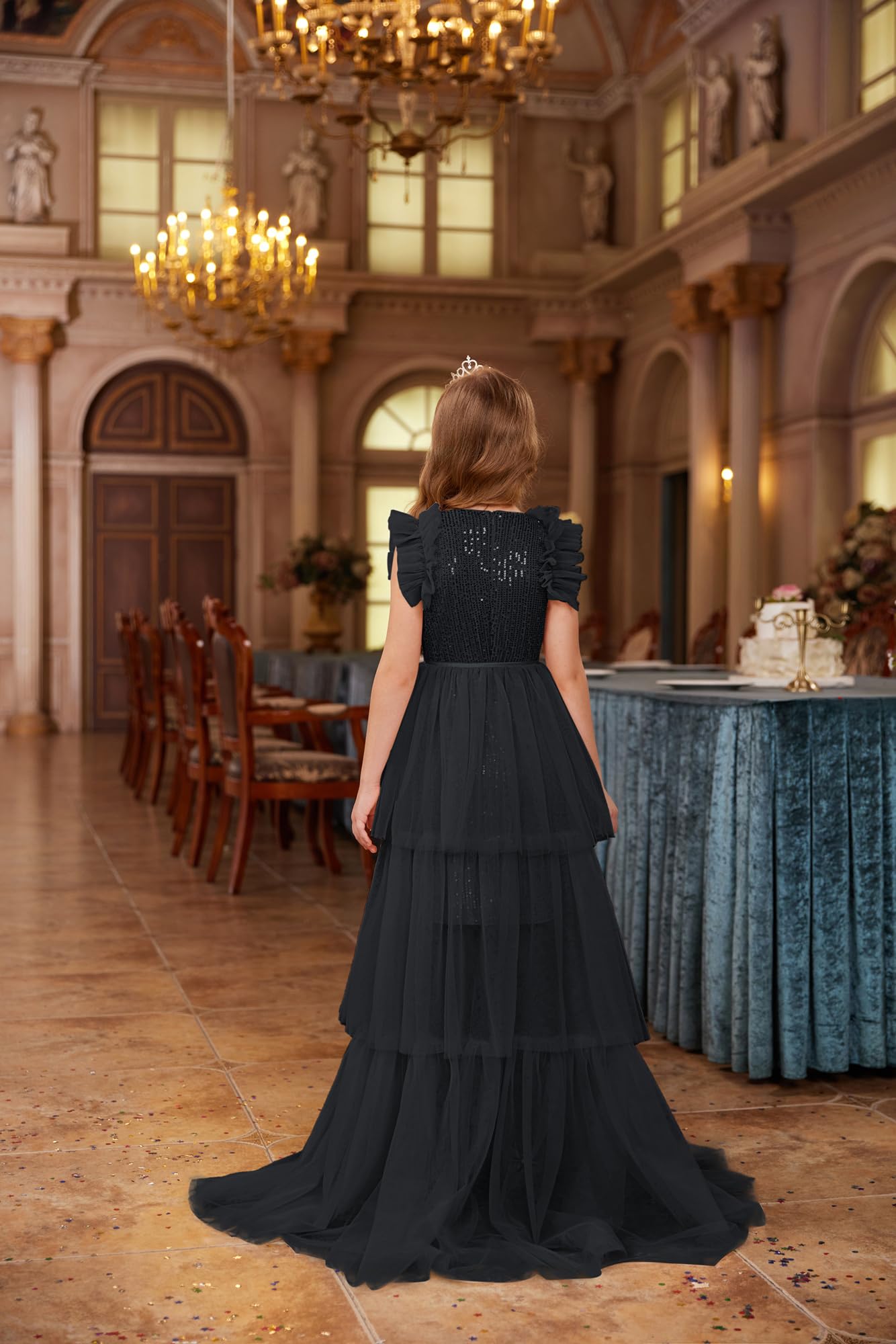 GRACE KARIN Mädchen Glitzer Prinzessin Kleider Flatterärmel Tüllkleid | Zweiteiliges Set bestehend aus Kleid und Überrock,Gefüttert,Leicht Dehnbar,Party,Geburtstag