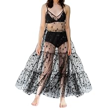Womens See Through Tulle Maxi Dress Shiny Sequined Stars Spaghetti Strap Cover Up Dresses Festival Outfit