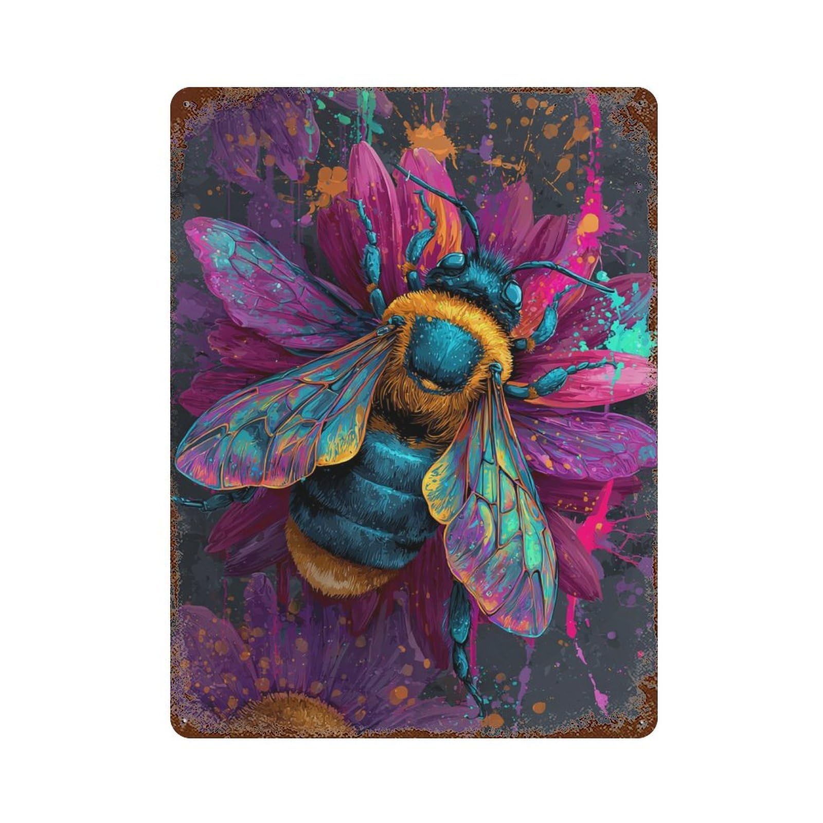 Colorful Bee Art Print 15.7"x11.8" Distressed Metal Wall Sign, Shabby Chic Decor for Shed, Workshop And Garage Wall Decor