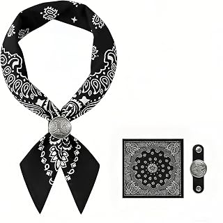 ASIJUNTYECHO Black Western Bandana Scarf for Men, Eagle Pattern Handkerchief with Leather Slide Ring, Adjustable Western Scarf Ring, Cowboy Head Scarf Accessories