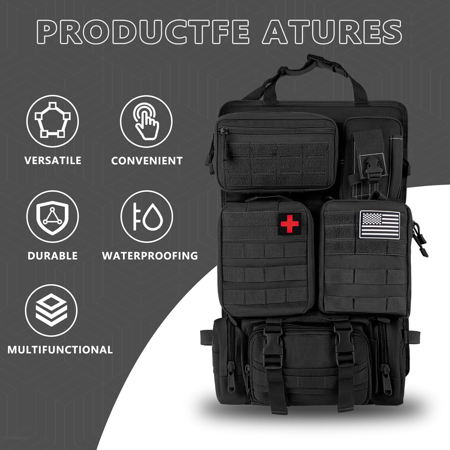 Tactical Car Seat Back Organizer Bag - Tactical Molle Vehicle Organizers Panel with 5 Detachable Pouches for Car Truck Ford Jeep Vehicle (Black Regular)