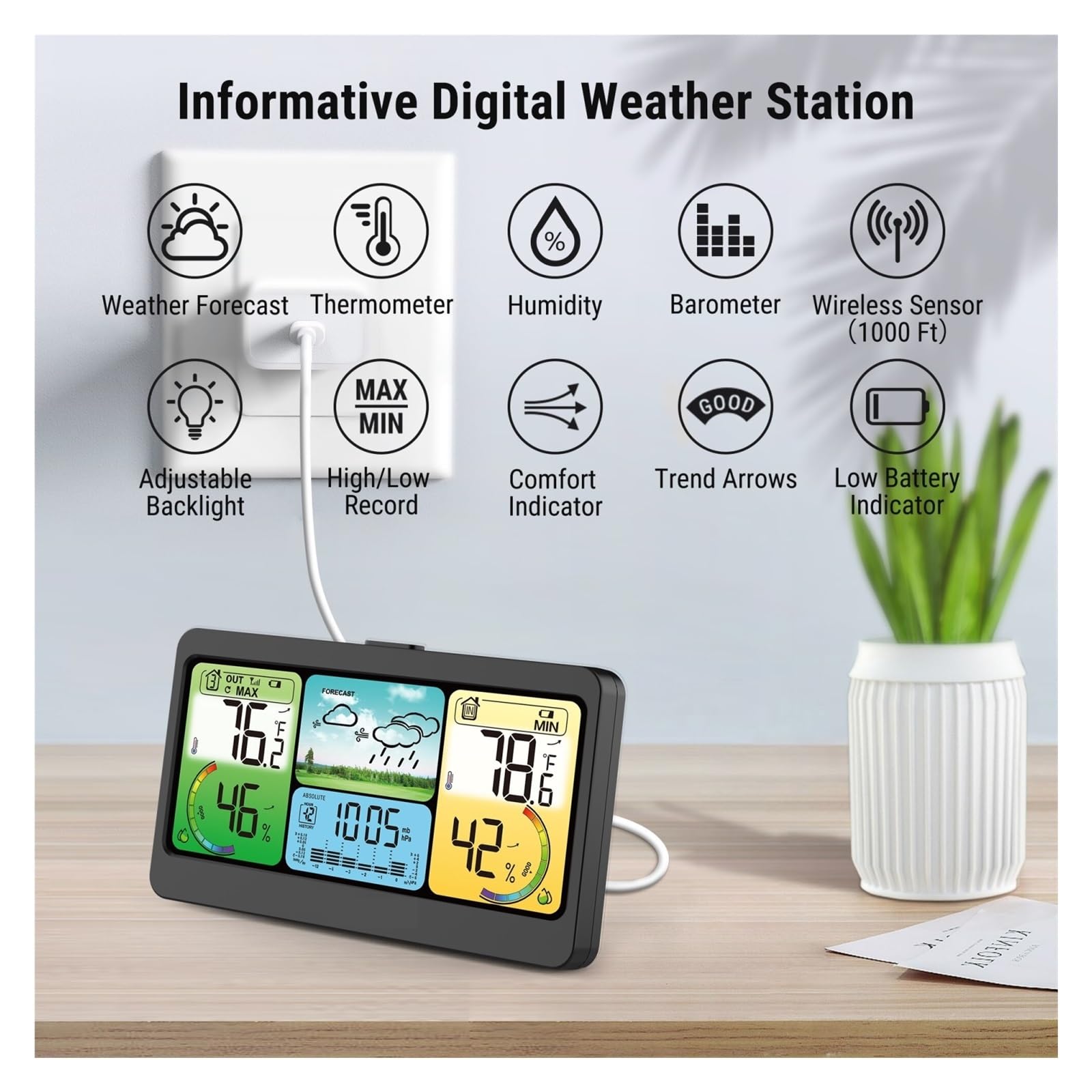 TP280C Termometro Igrometro For Interni Ed Esterni, Ricaricabile, Con Raggio Remoto Wireless Da 300 M, Ampio Display Preciso Veloce Monitoraggio In Tempo Reale