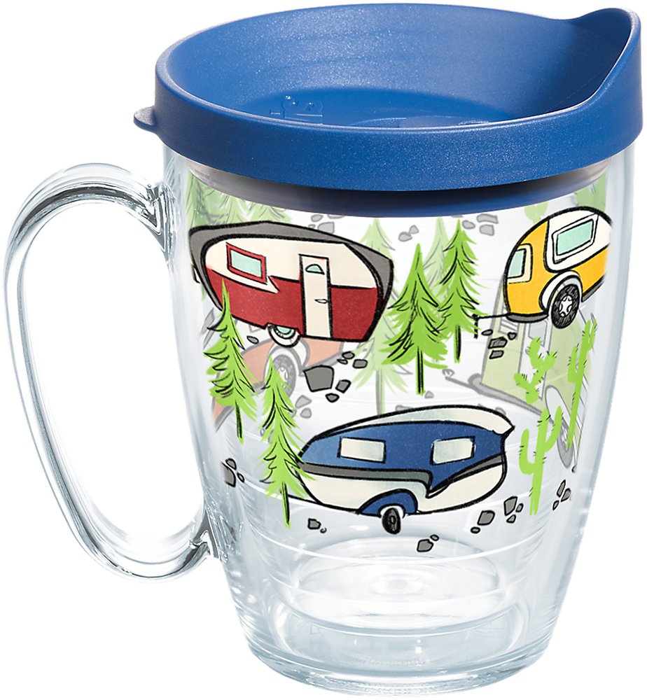 Tervis Retro Camping Insulated Tumbler with Wrap and Blue Lid, 16oz Mug, Clear