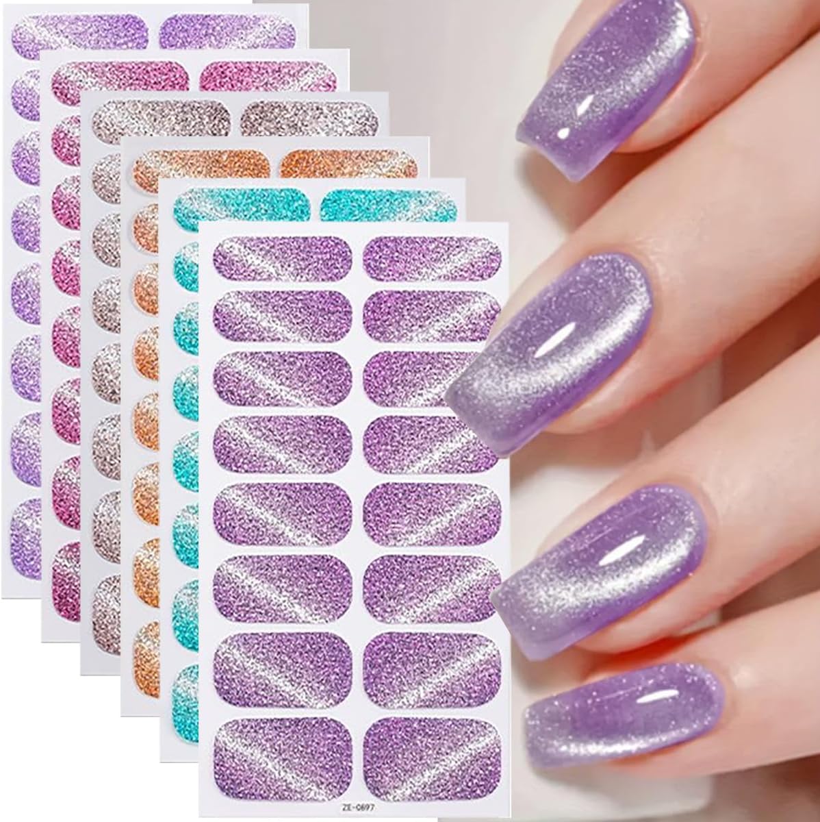 6PCS Full Nail Wraps Nail Polish Strips Stickers Gradient Cat-Eye Glitter Nail Full Wraps Full Cover Green Purple Pink Glitter Self-Adhesive Nail Polish Stickers Manicure Decals Supplies for Women