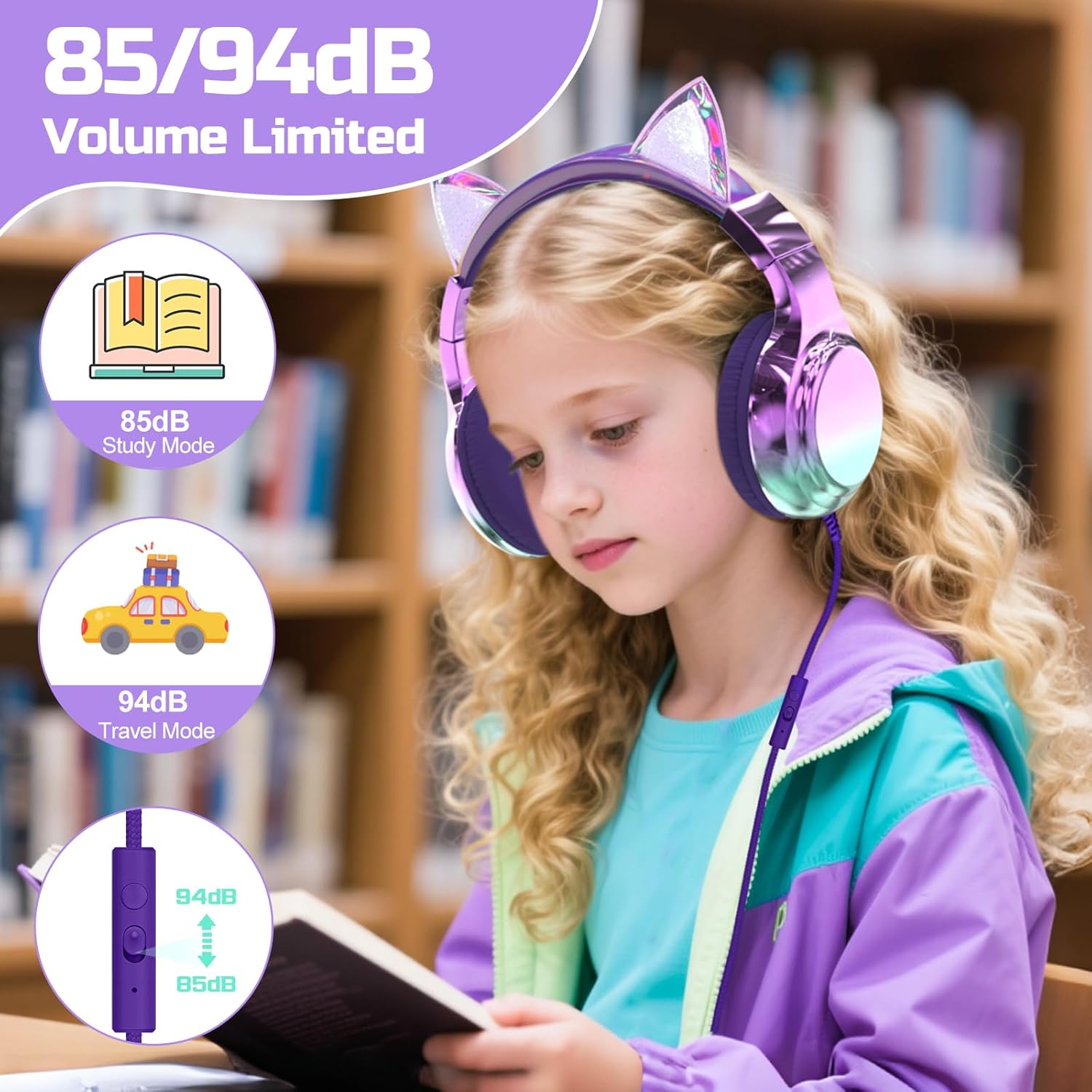 QearFun Kids Cat Ear Headphones Wired with Mic, 85/94dB Safe Volume Limit, Sparkly Wired Headset, Foldable, Sharing Port & Tangle-Free Cord for School, Chromebook, Tablet, Travel, Boys & Girls - Image 3