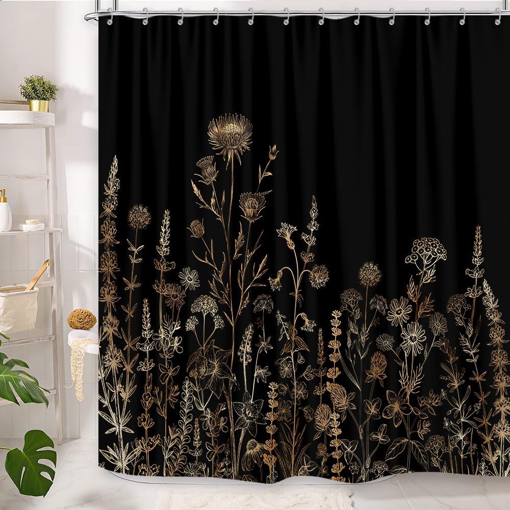Vintage Black and Gold Boho Shower Curtain, Black and Tan Cream Floral Aesthetic Dark Wildflower Botanical Flowers Shower Curtain for Bathroom with Hook,Farmhouse Plant Art Chic Shower Curtain 72X84