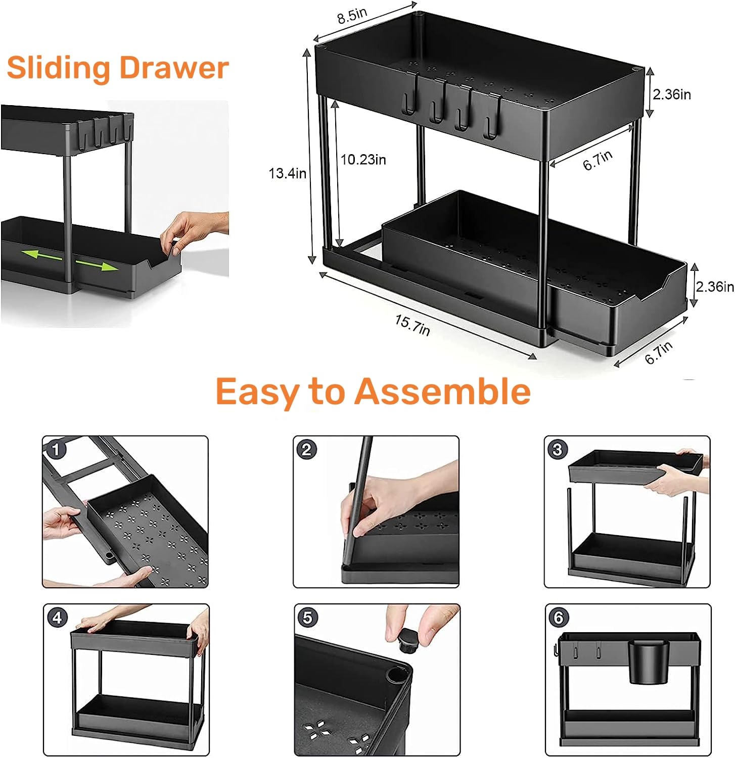 EYOBE 2 Pack Under Sink Organizer, 2-Tier Sliding Cabinet Organizer with Hooks and Hanging Cup, Multi-Use Under Sink Organizers and Storage for Kitchen/Bathroom/Office/Laundry Room, Black