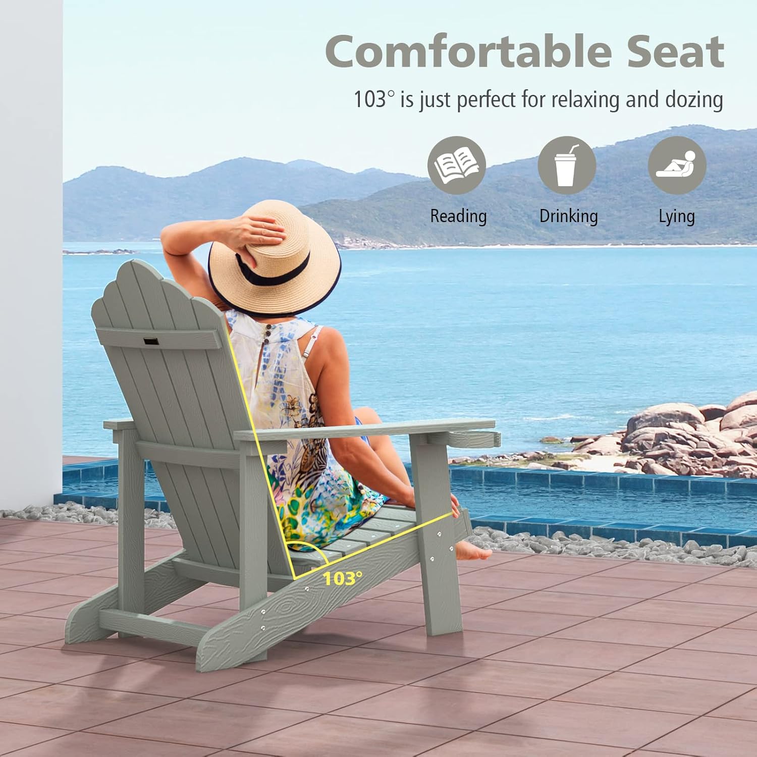 Tangkula Oversized Adirondack Chair, Patio Lounge Chairs w/Adjustable Cup Holder, HIPS Armchairs Slatted Chair, Outdoor Weather Resistant Fire Pit Chair for Deck Backyard Garden Porch (4, Light Grey)