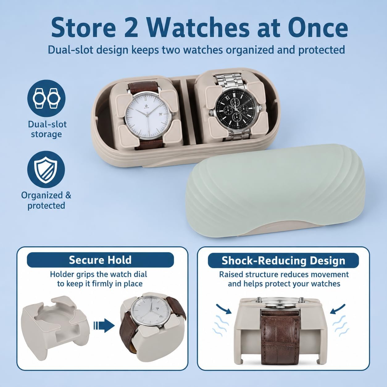 Silicone Travel Watch Case for 2 Watches, Dual Slot Watch Storage Box with Soft Protective Cover, Portable Watch Holder Organizer, Shockproof Scratch-Resistant Watch Case for Men Women Home Travel