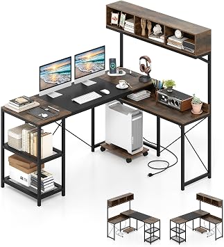 GIANTEX 62" L Shaped Computer Desk, Reversible Corner Desk with Charging Station, Open Storage Shelves & Movable CPU Stand, Industrial Writing Gaming Desk for Home Office, Rustic Brown